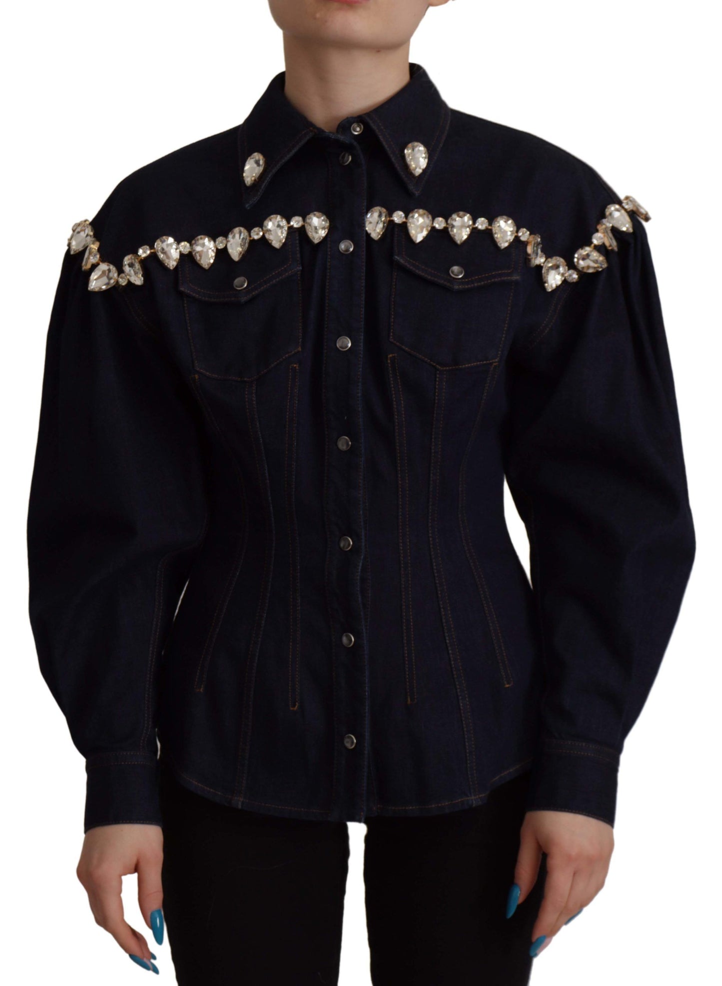 Dolce & Gabbana Elegant Krystaludsmykket Denimjakke