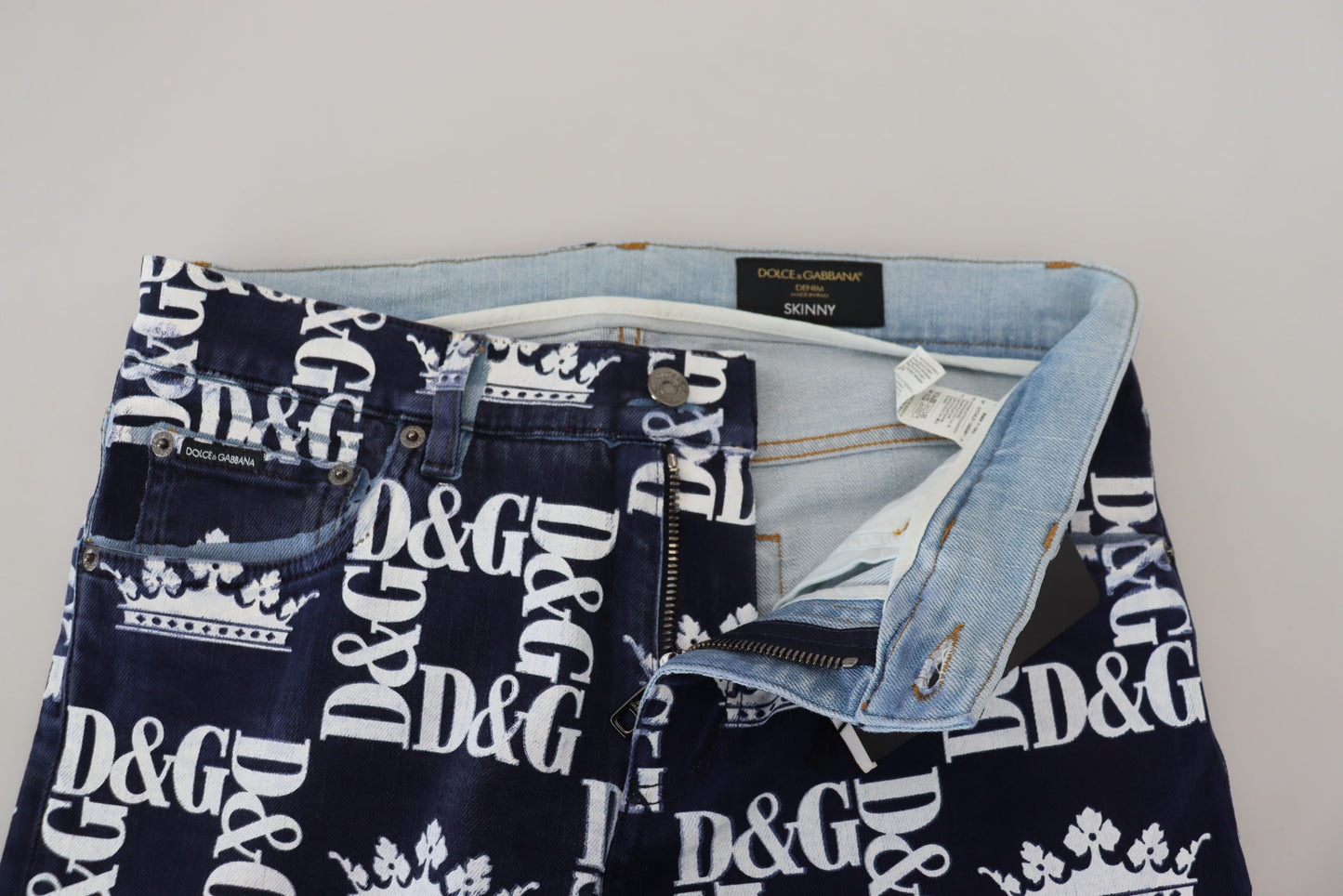 Dolce & Gabbana Elegant Crown Print Denimbukser