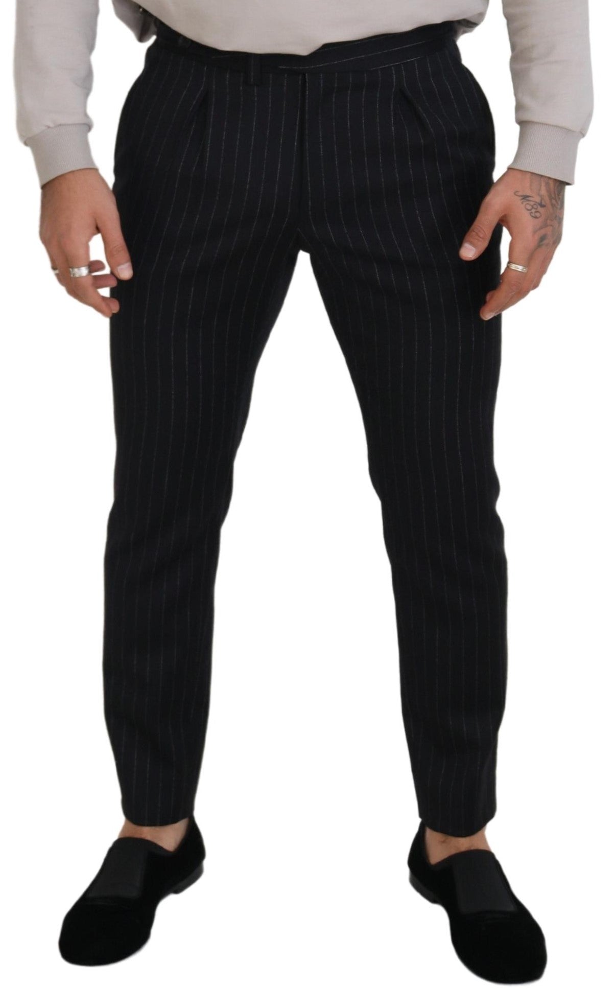 Dolce & Gabbana Elegante Sorte Stribede Bukser i Uldblanding