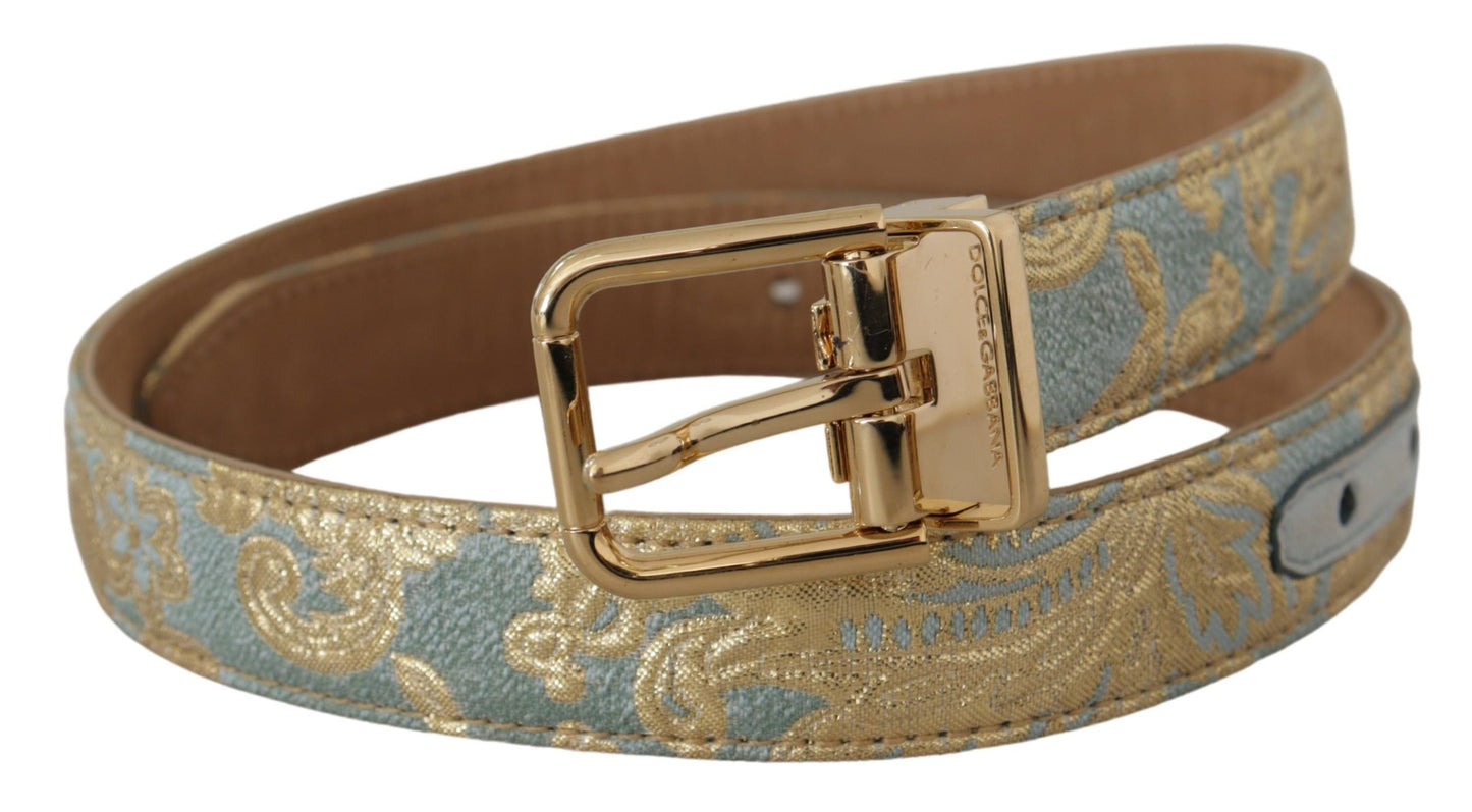 Dolce & Gabbana Elegant Lyseblåt Læderbælte med Guldspænde