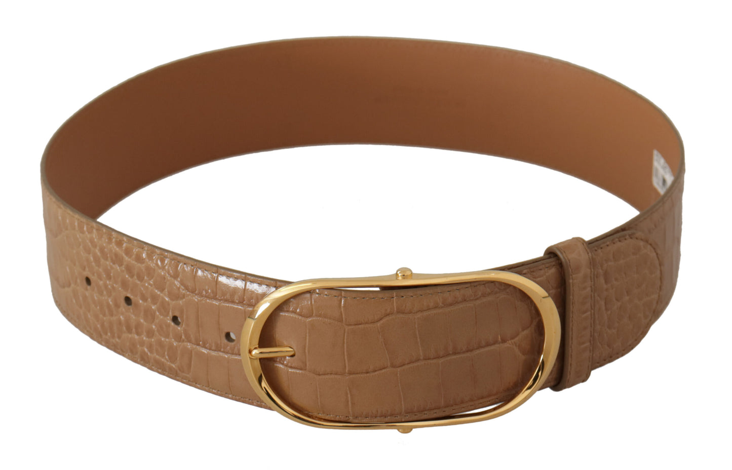 Dolce & Gabbana Elegant Beige Læderbælte med Graveret Spænde