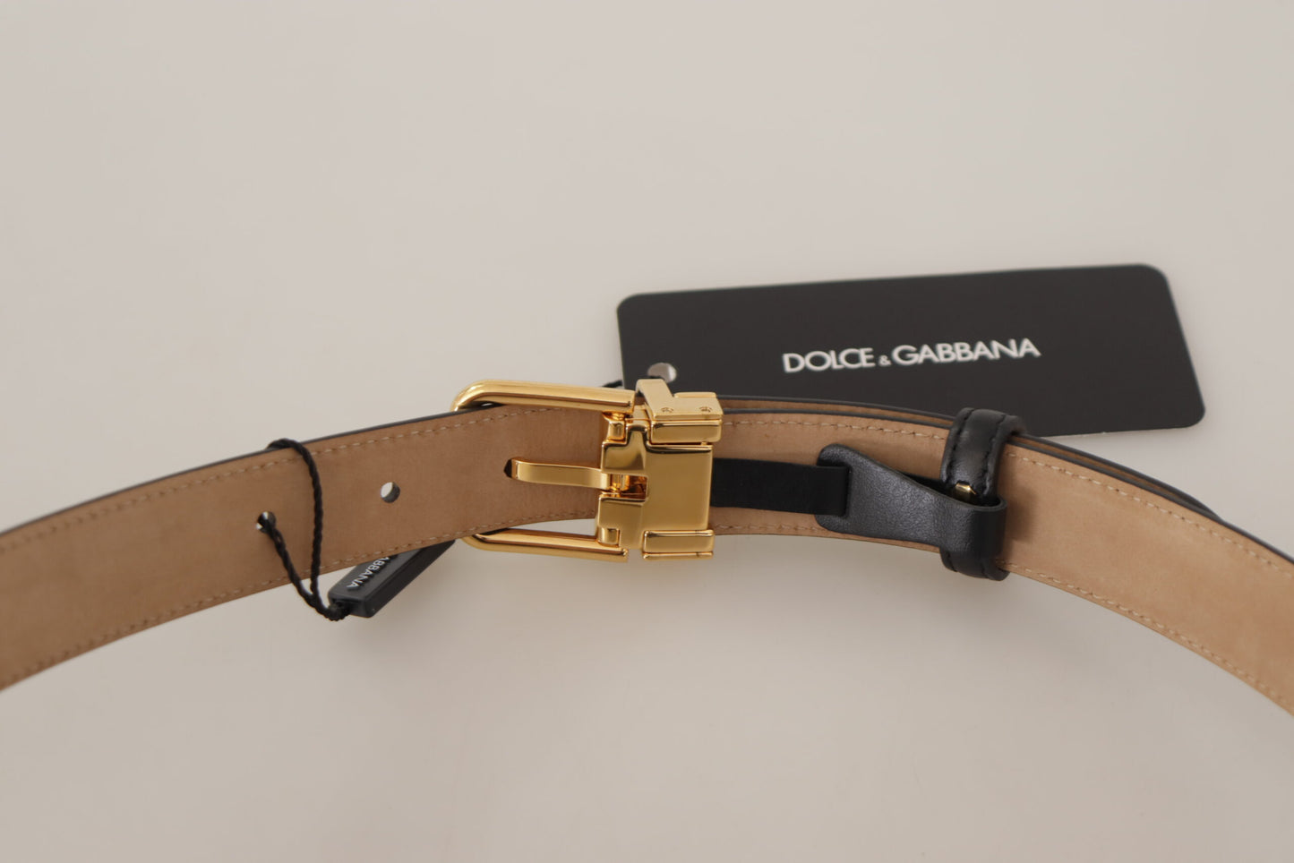 Dolce & Gabbana Elegant Sort Læderbælte med Graveret Spænde