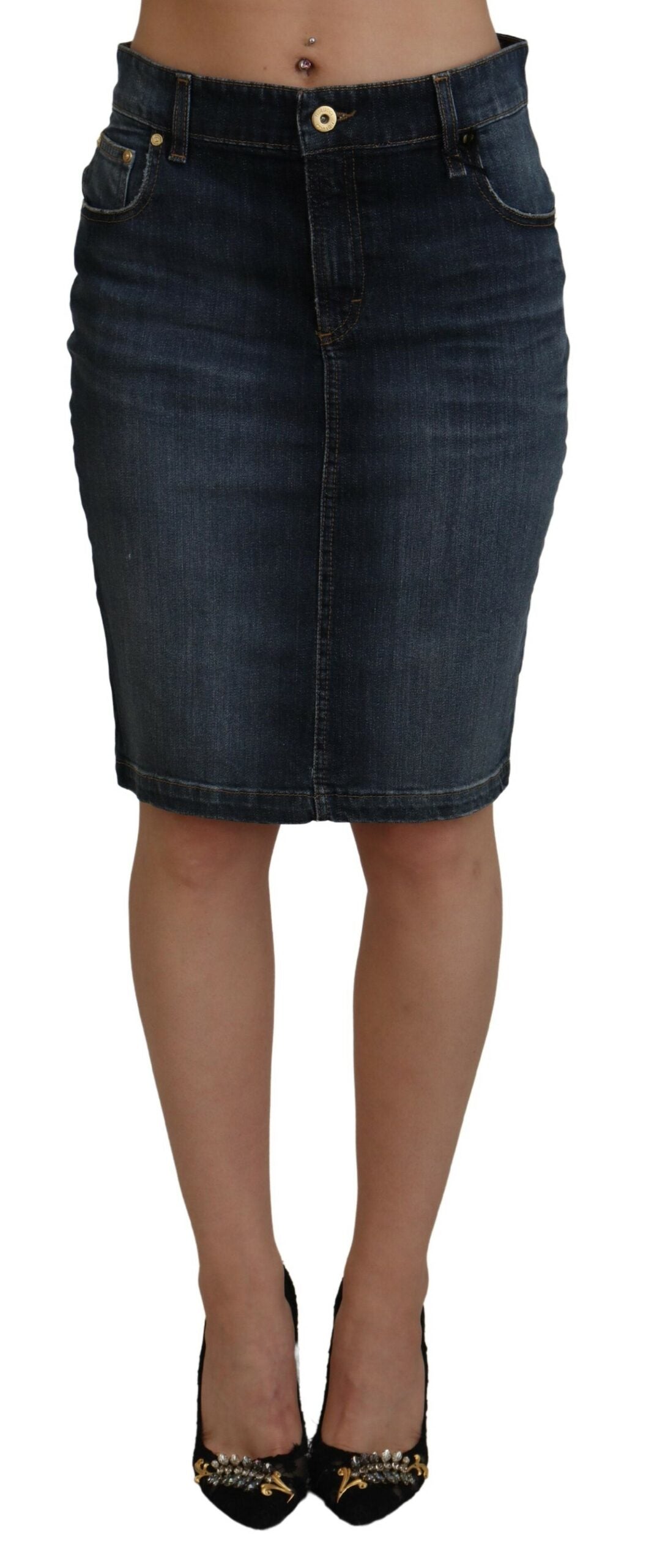 Fiorucci Chic Mørkeblå Denim Nederdel Med Mellem Talje