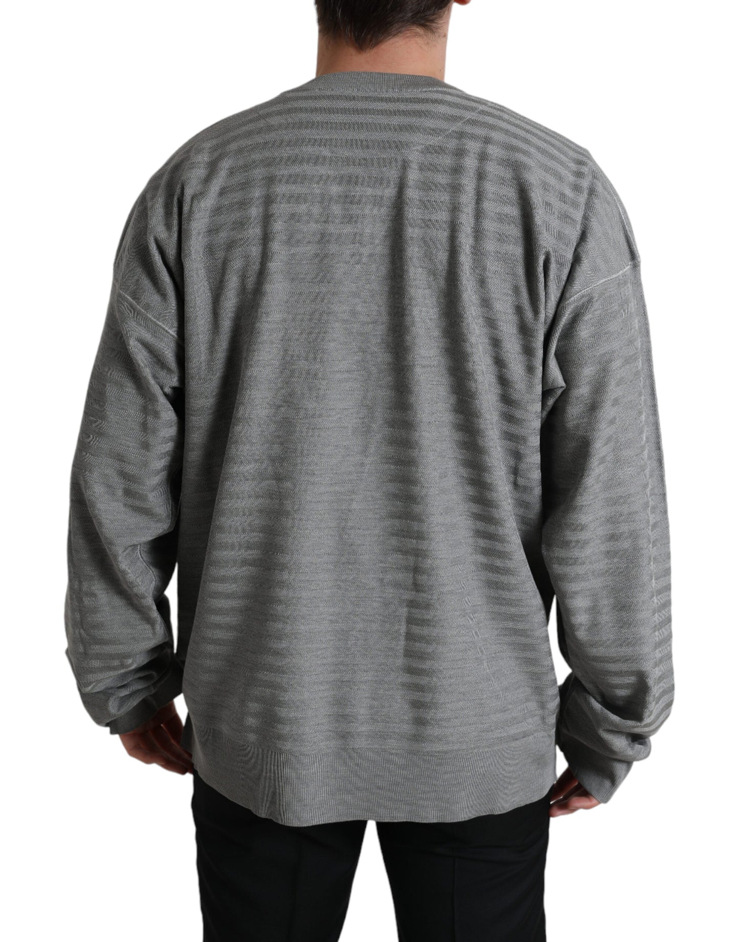 Dolce & Gabbana Elegant Grå Stribet Silkepullover med Rund Hals