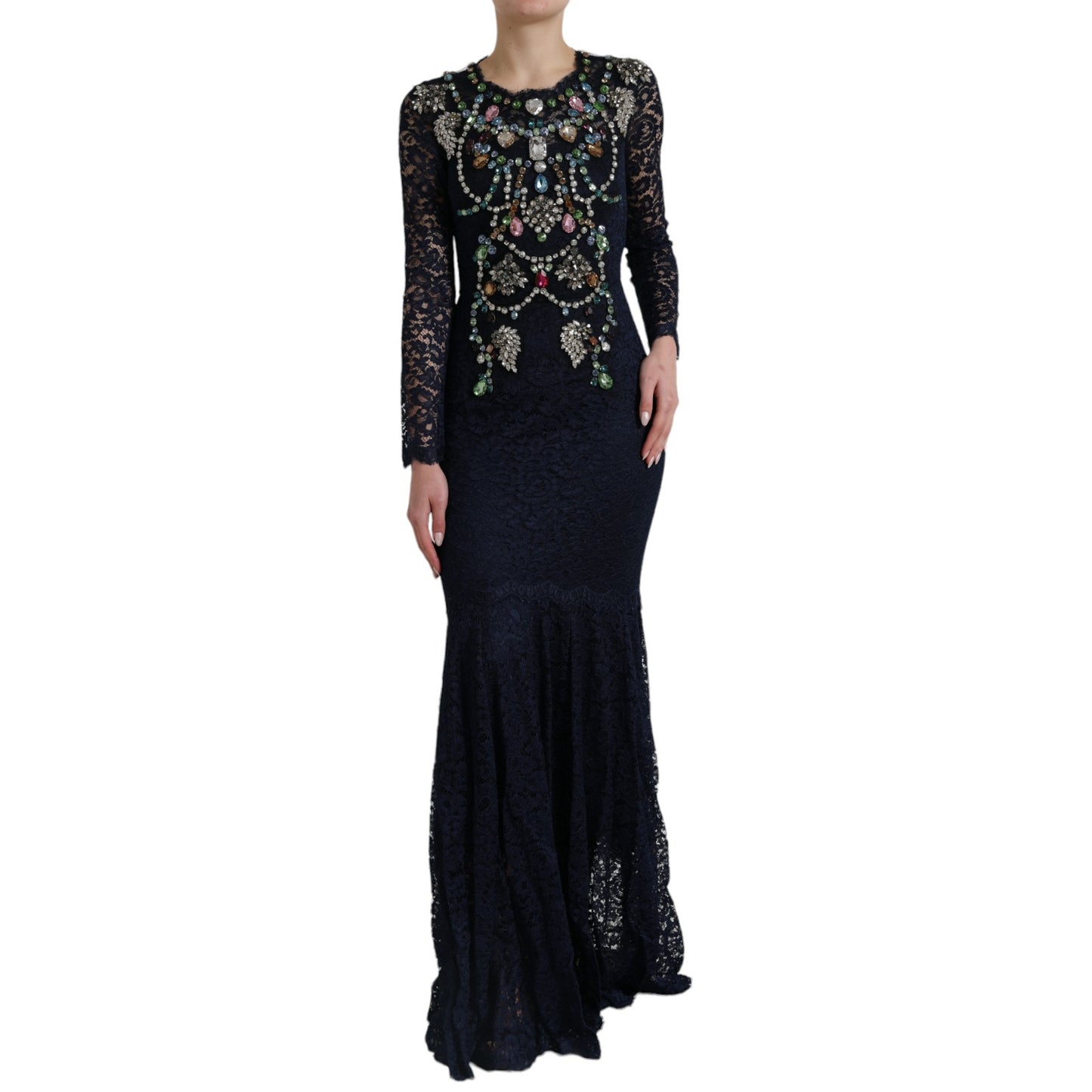 Dolce & Gabbana Krystaludsmykket Marineblå Kjole med Flare