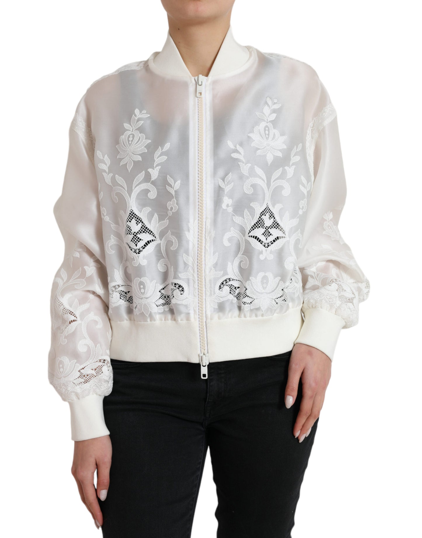 Dolce & Gabbana Elegant Hvid Silke Bomberjakke