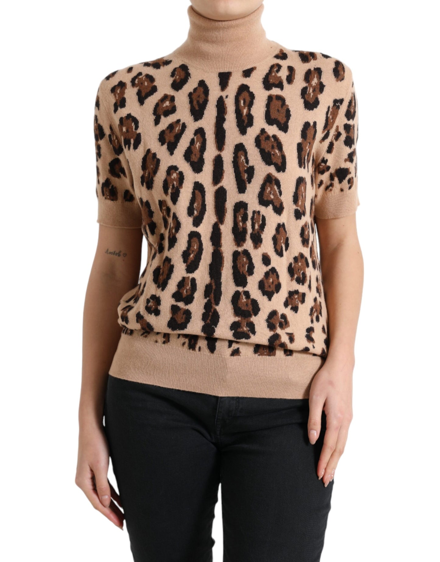Dolce & Gabbana Elegant Beige Leopard Rullekravetop i Uld