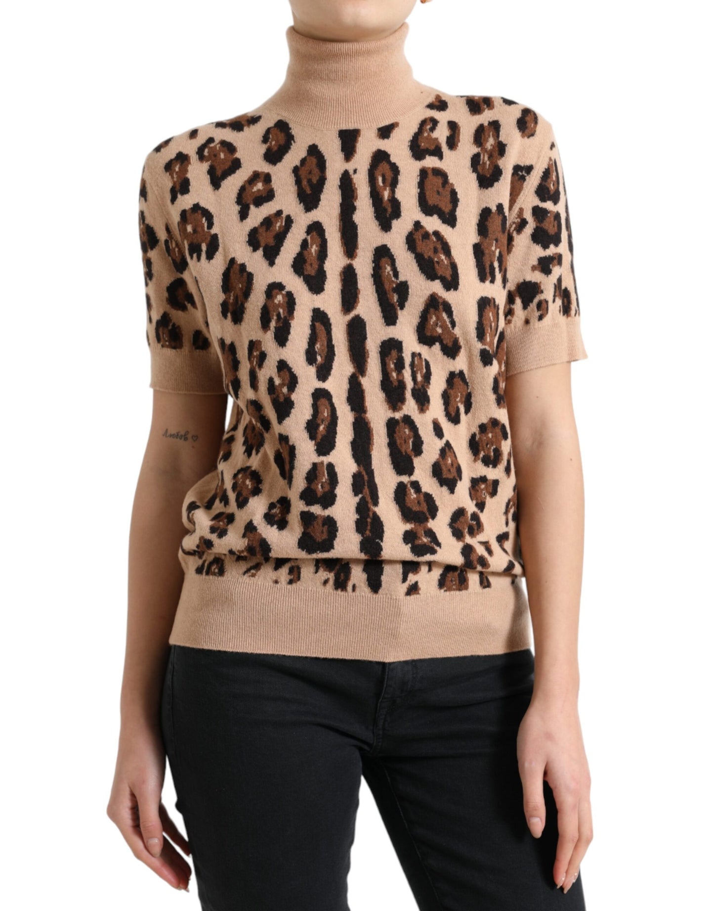 Dolce & Gabbana Elegant Beige Leopard Rullekravetop i Uld