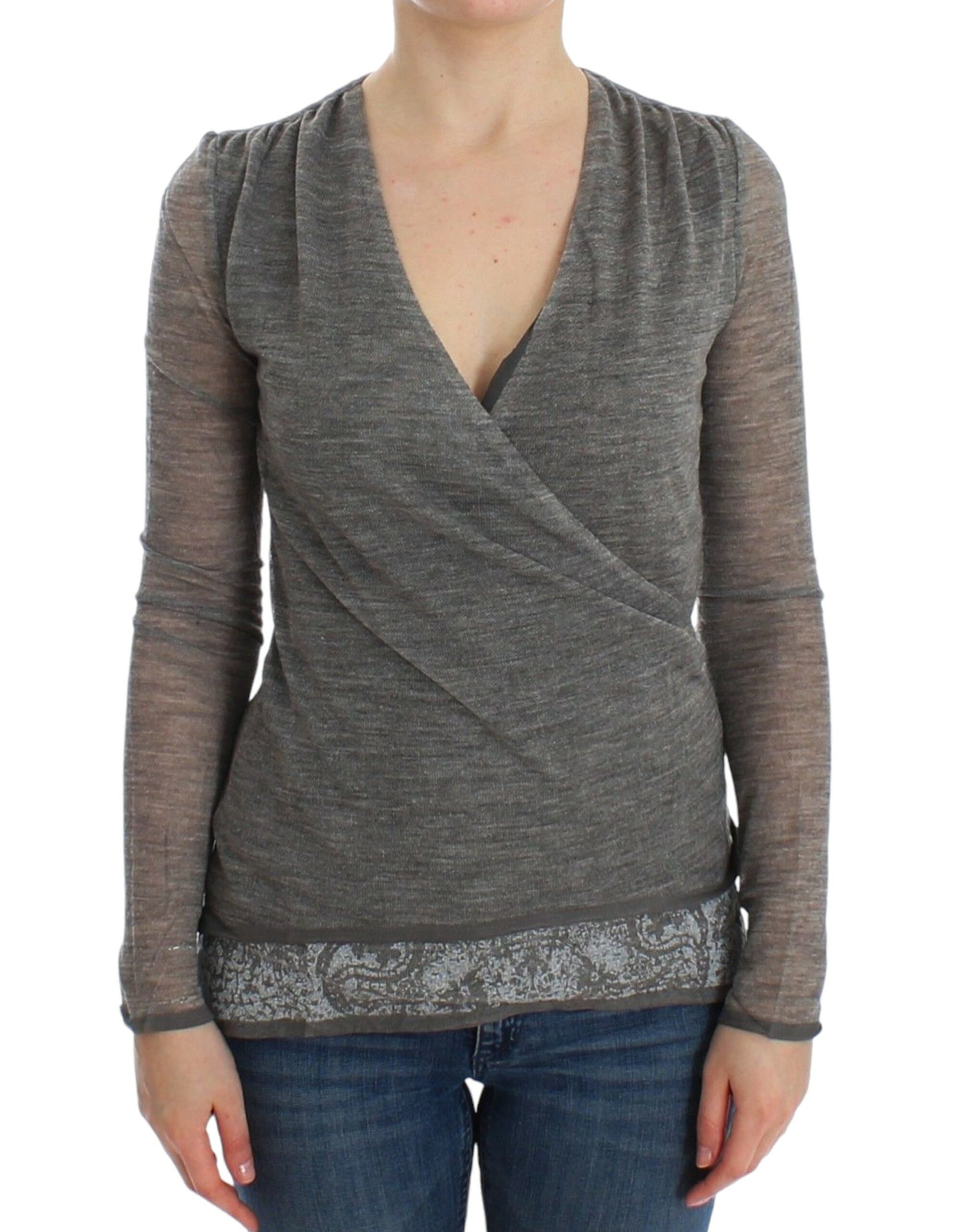 Ermanno Scervino Elegant Grå Uldblanding Sweater med Dyb V-hals