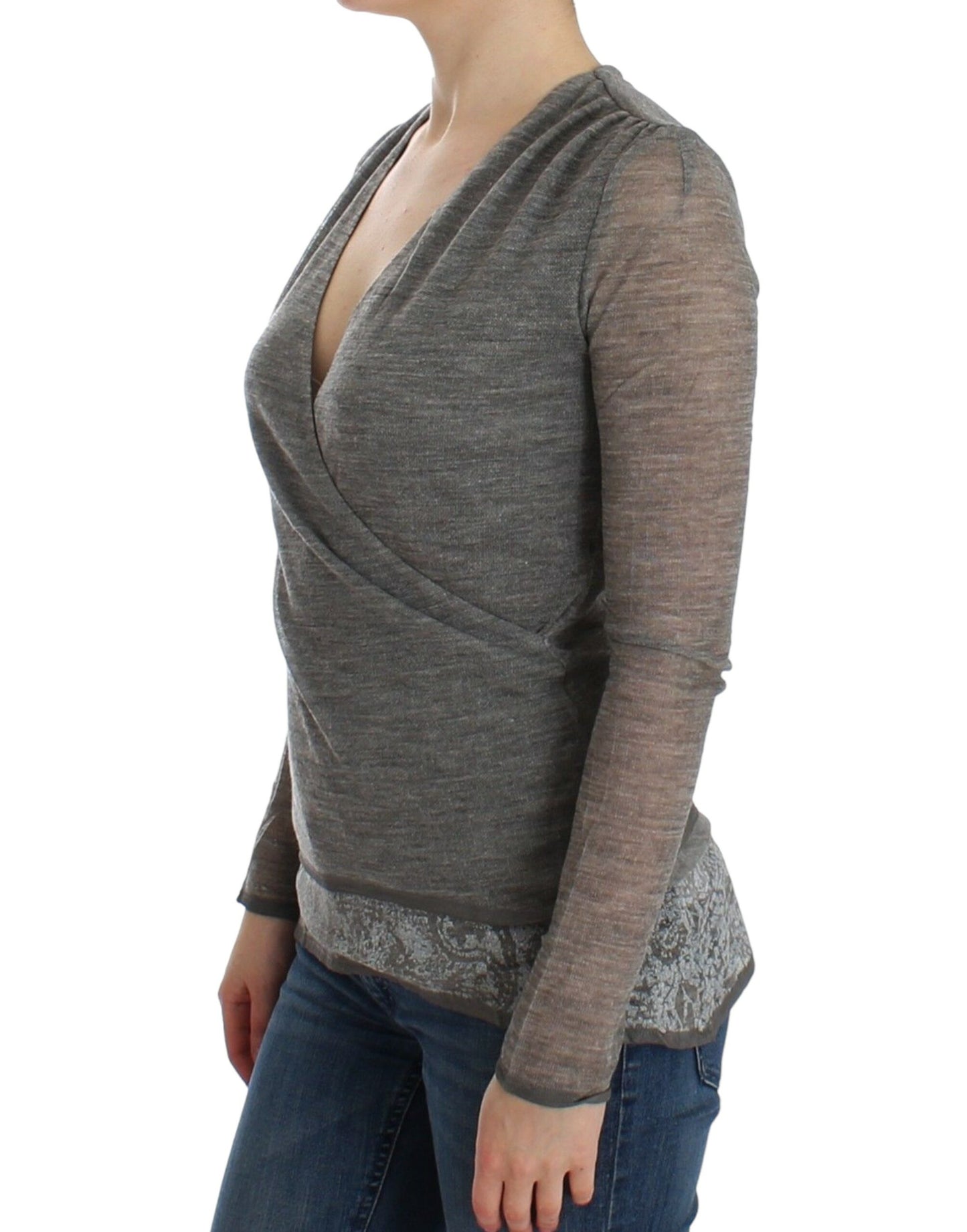 Ermanno Scervino Elegant Grå Uldblanding Sweater med Dyb V-hals