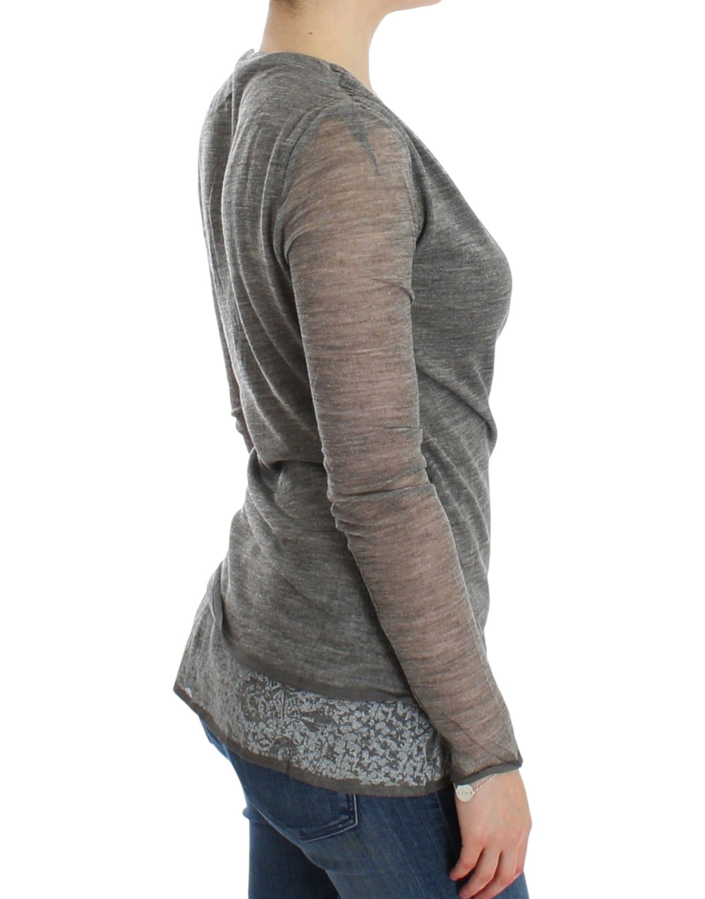 Ermanno Scervino Elegant Grå Uldblanding Sweater med Dyb V-hals