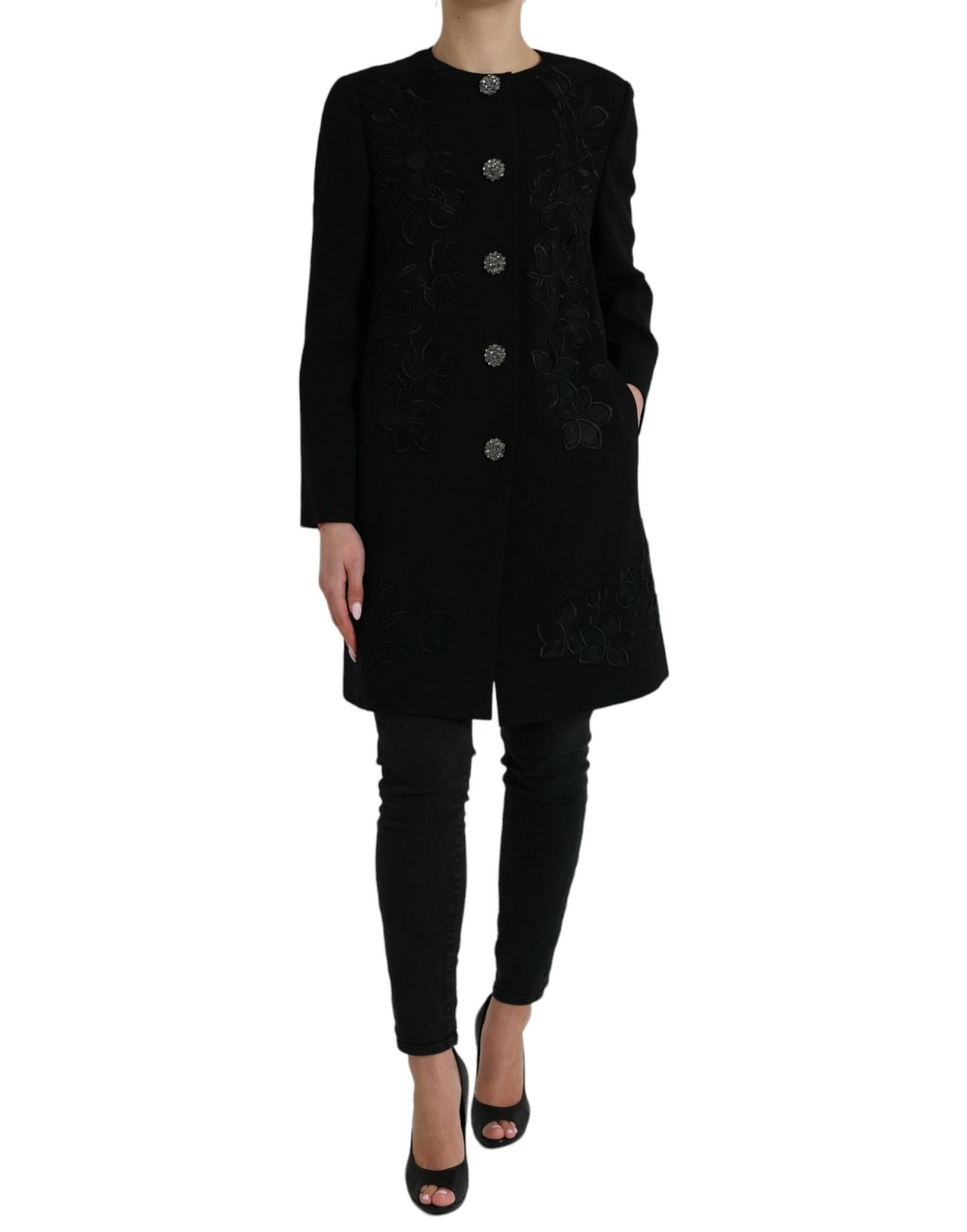 Dolce & Gabbana Elegant Blomsterprintet Uld Trenchcoat med Knapper