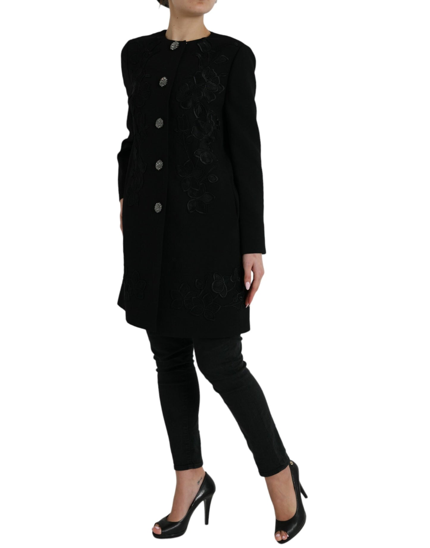 Dolce & Gabbana Elegant Blomsterprintet Uld Trenchcoat med Knapper