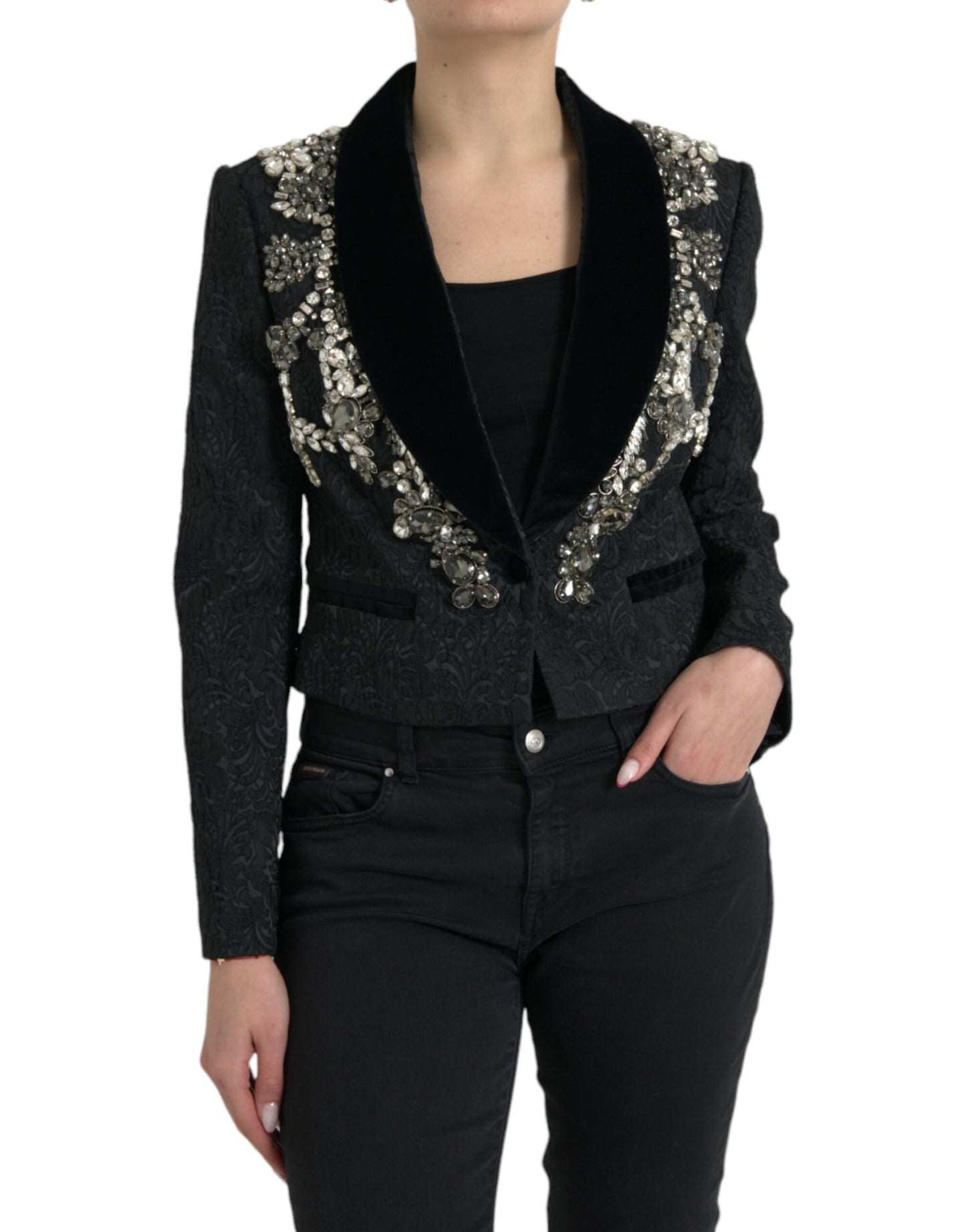 Dolce & Gabbana Elegant Udsmykket Sort Overfrakkejakke