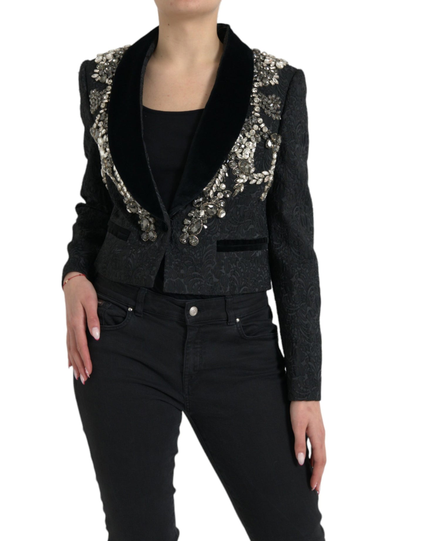 Dolce & Gabbana Elegant Udsmykket Sort Overfrakkejakke