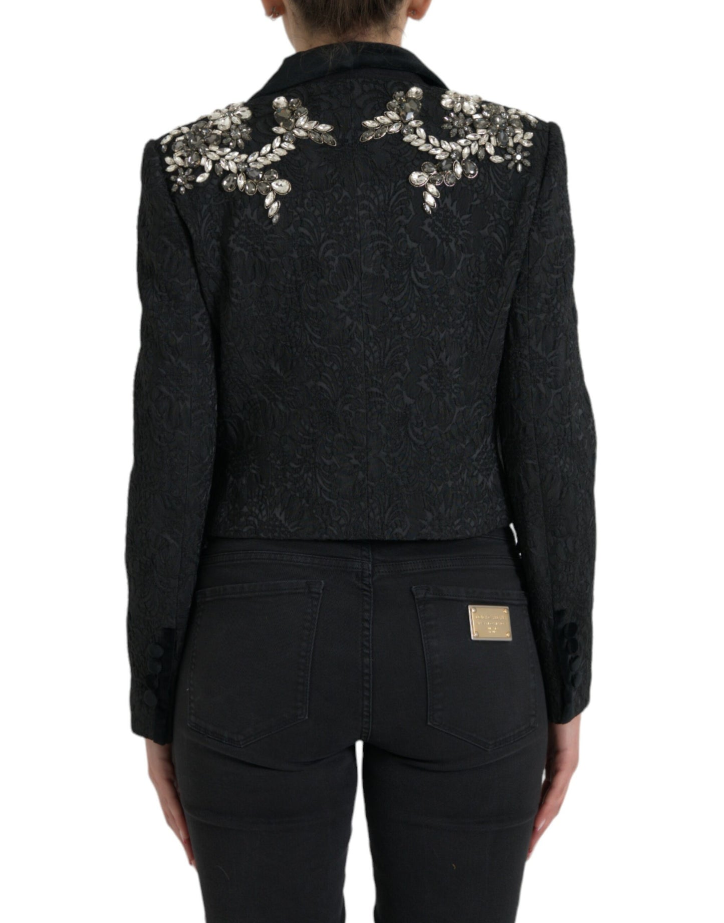 Dolce & Gabbana Elegant Udsmykket Sort Overfrakkejakke