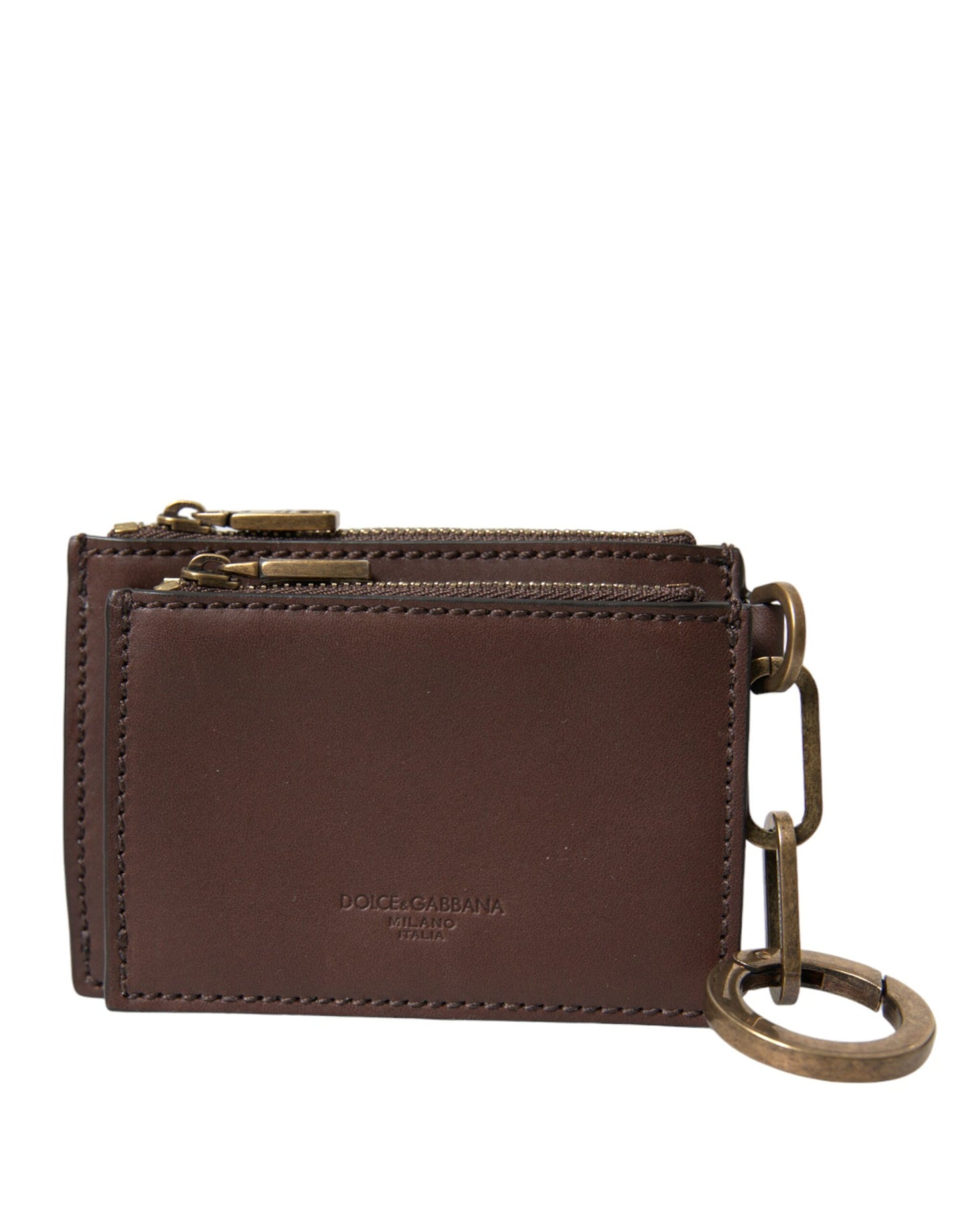 Dolce & Gabbana brun lædernøglering med lynlås og logo, møntpung, nøglering