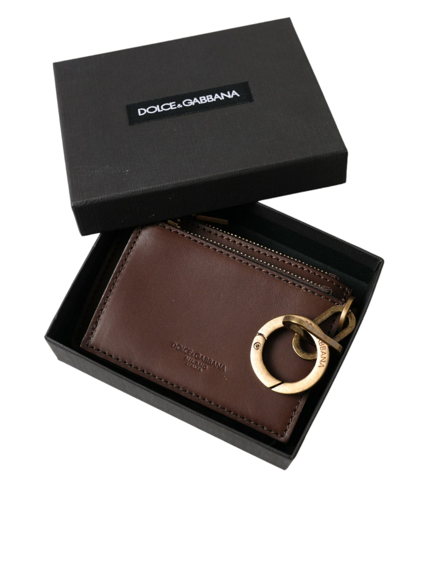 Dolce & Gabbana brun lædernøglering med lynlås og logo, møntpung, nøglering