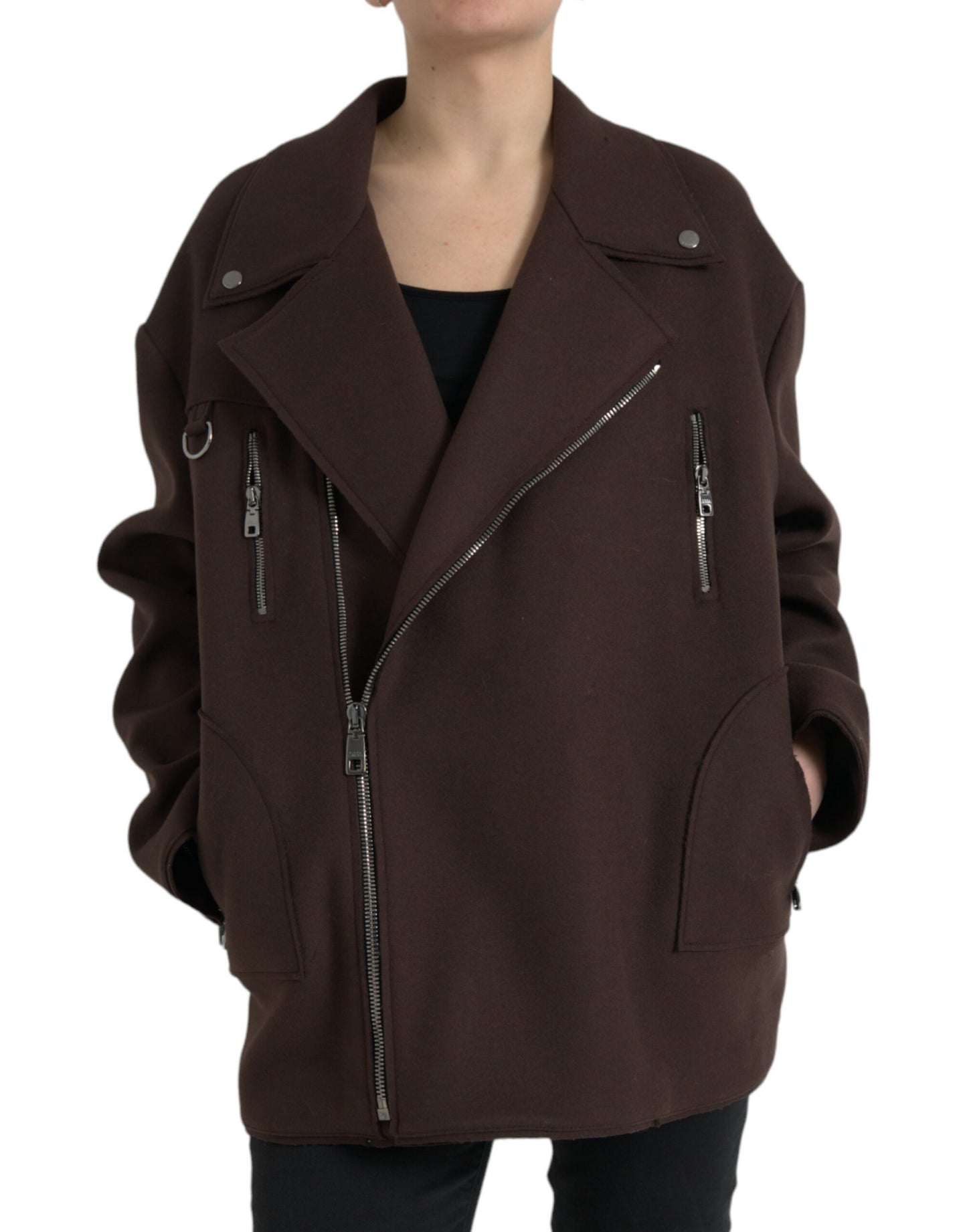 Dolce & Gabbana Brun Frakke Kort Biker Uldjakke