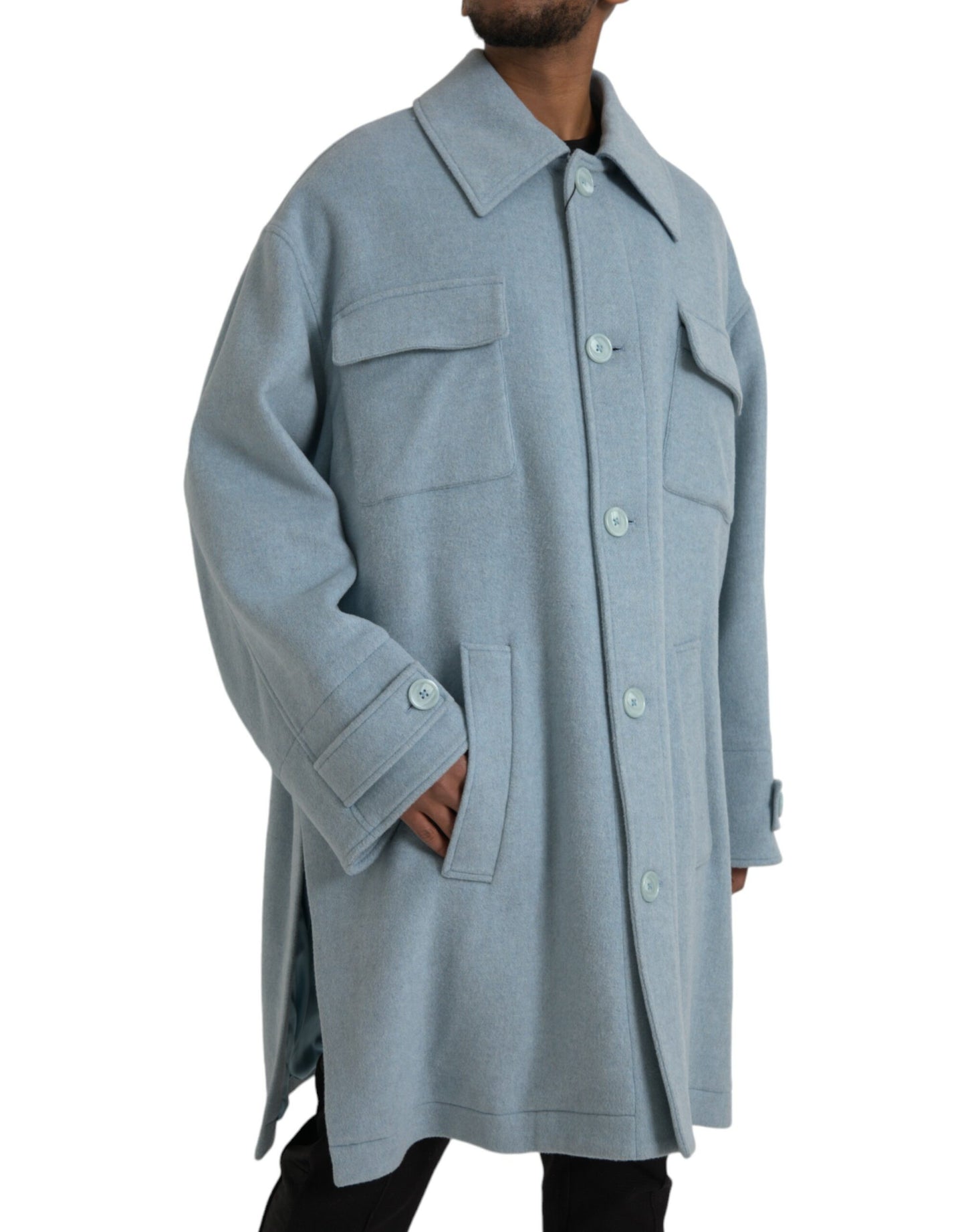 Dolce & Gabbana Lyseblå Uld Trenchcoat Jakke Med Knapper