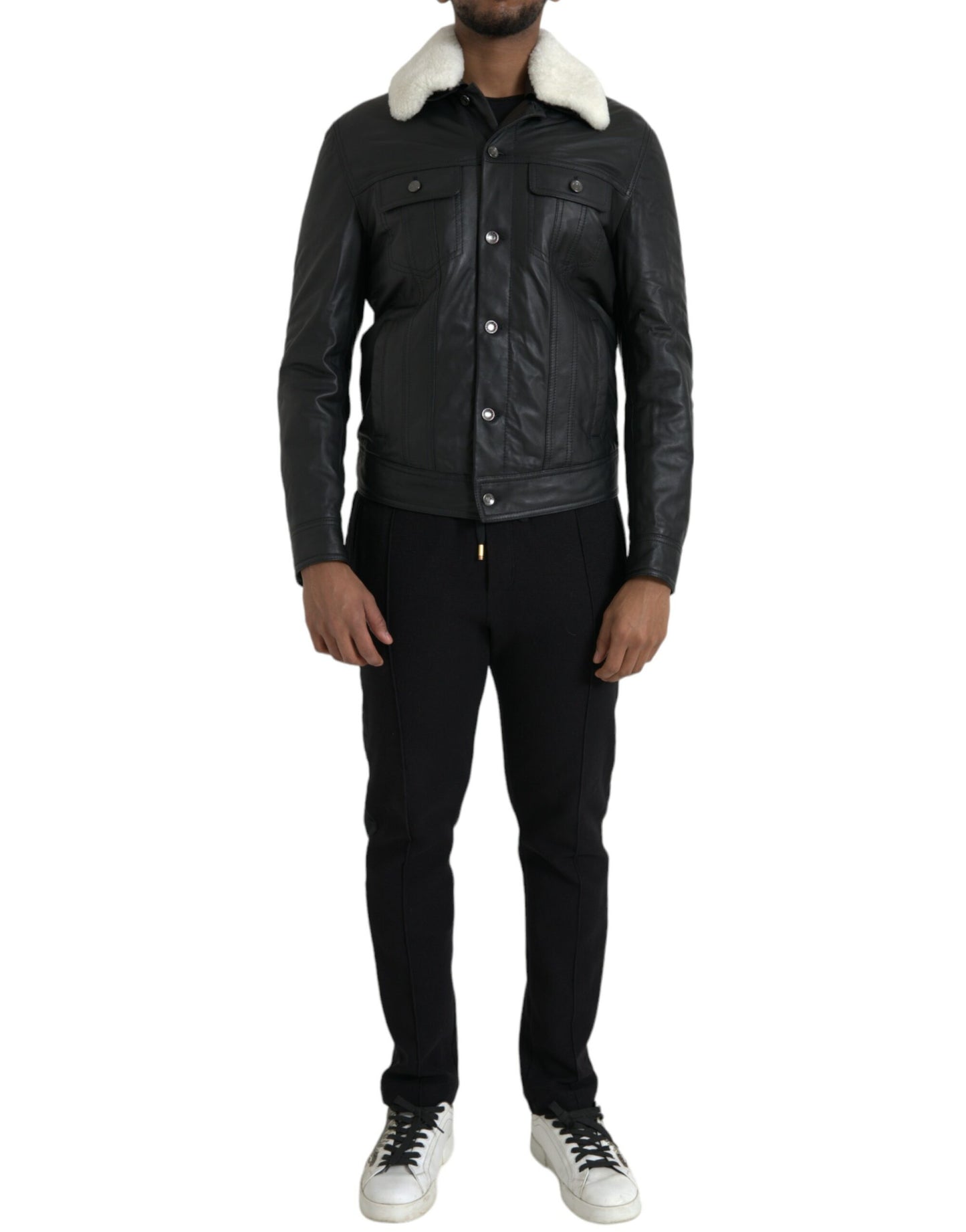 Dolce & Gabbana Sort Læder Bikerjakke med Pelskrave