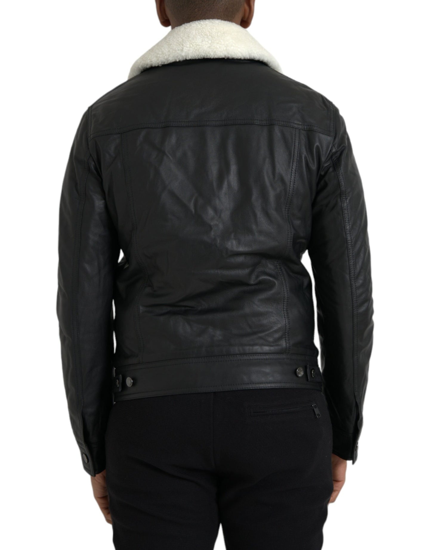 Dolce & Gabbana Sort Læder Bikerjakke med Pelskrave