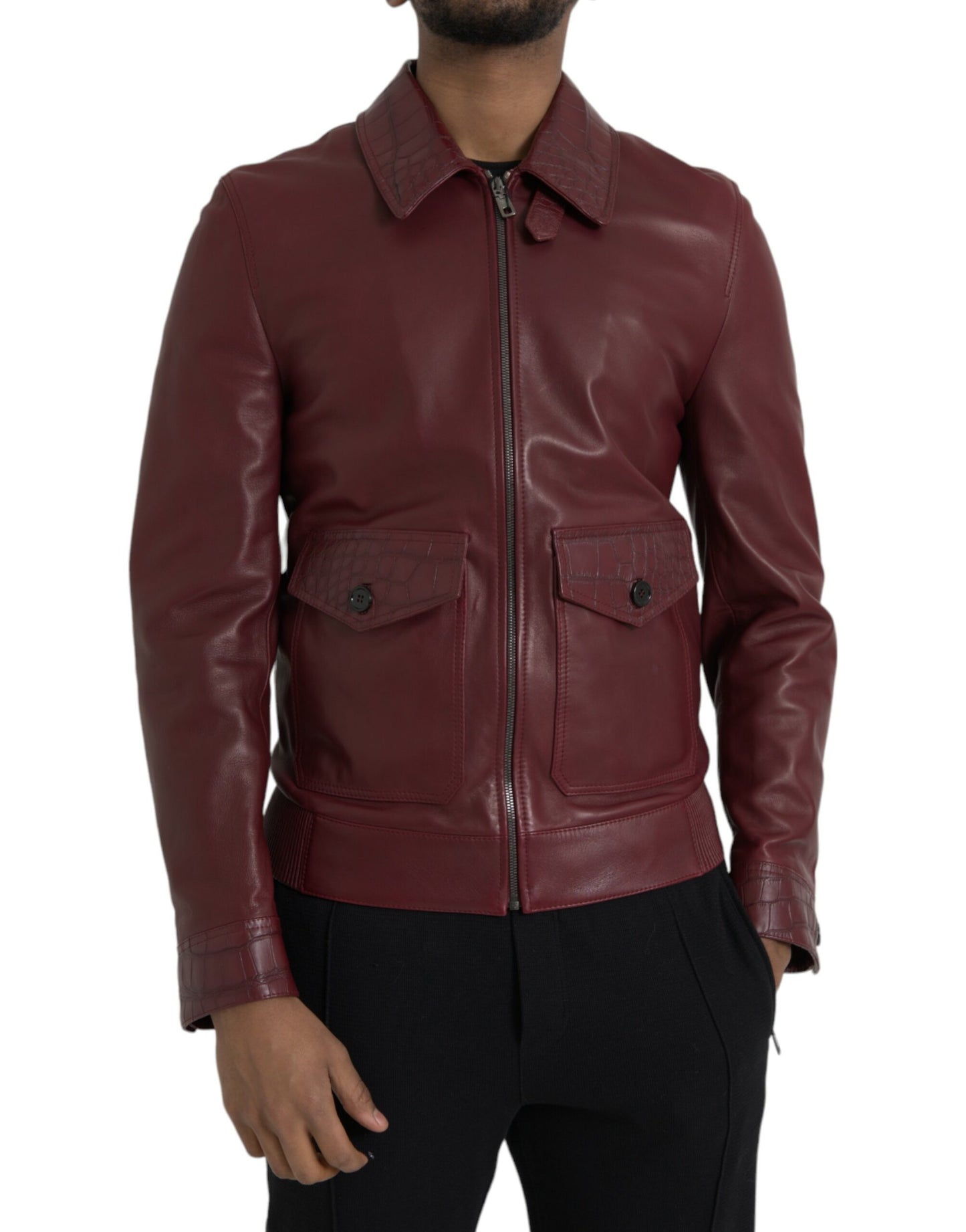 Dolce & Gabbana Maroon Eksotisk Læderjakke med Lynlås og Bikerfrakke