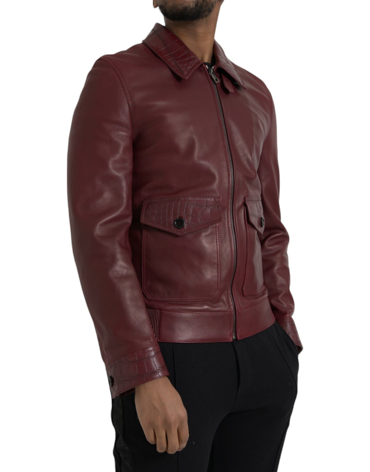 Dolce & Gabbana Maroon Eksotisk Læderjakke med Lynlås og Bikerfrakke