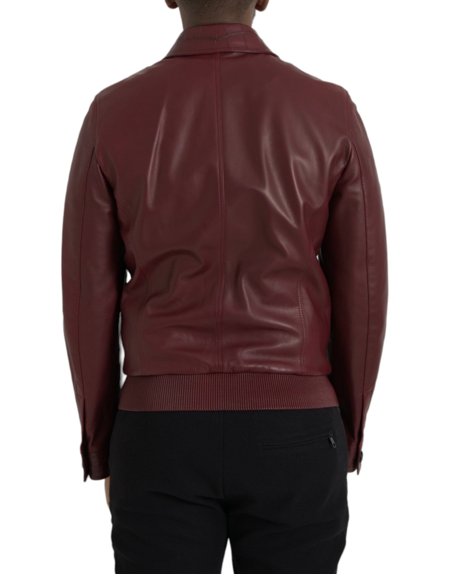 Dolce & Gabbana Maroon Eksotisk Læderjakke med Lynlås og Bikerfrakke