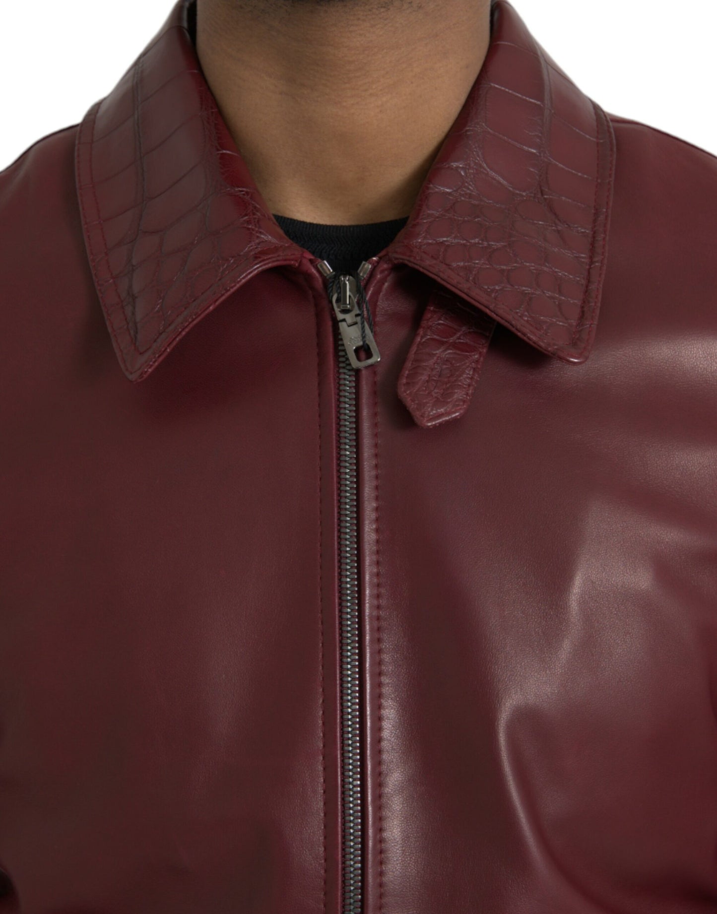 Dolce & Gabbana Maroon Eksotisk Læderjakke med Lynlås og Bikerfrakke