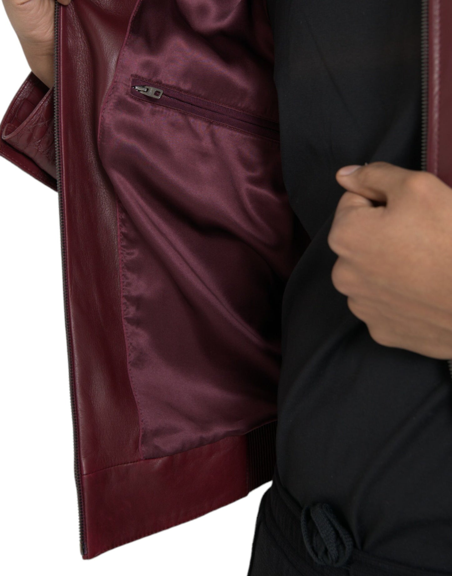 Dolce & Gabbana Maroon Eksotisk Læderjakke med Lynlås og Bikerfrakke