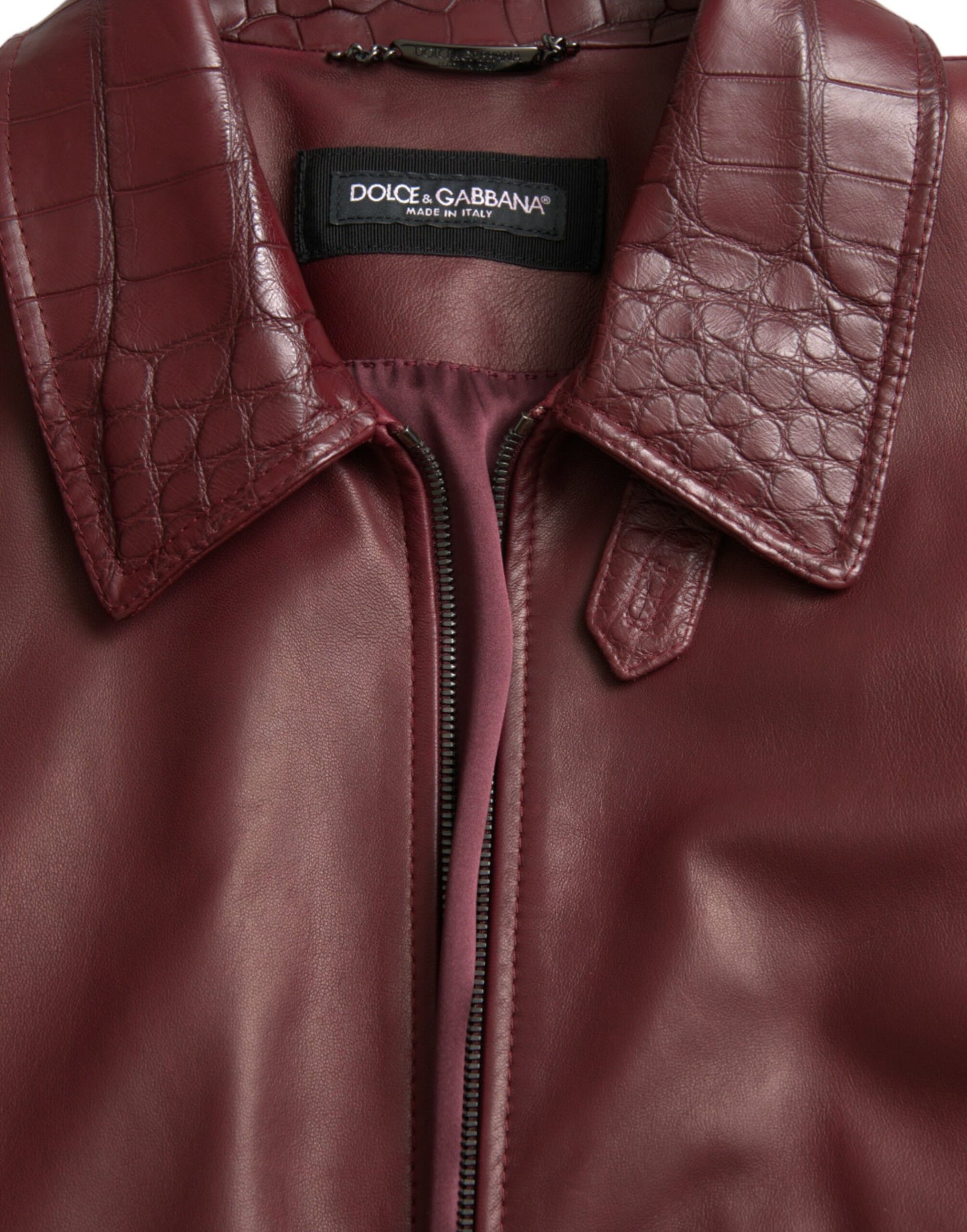 Dolce & Gabbana Maroon Eksotisk Læderjakke med Lynlås og Bikerfrakke