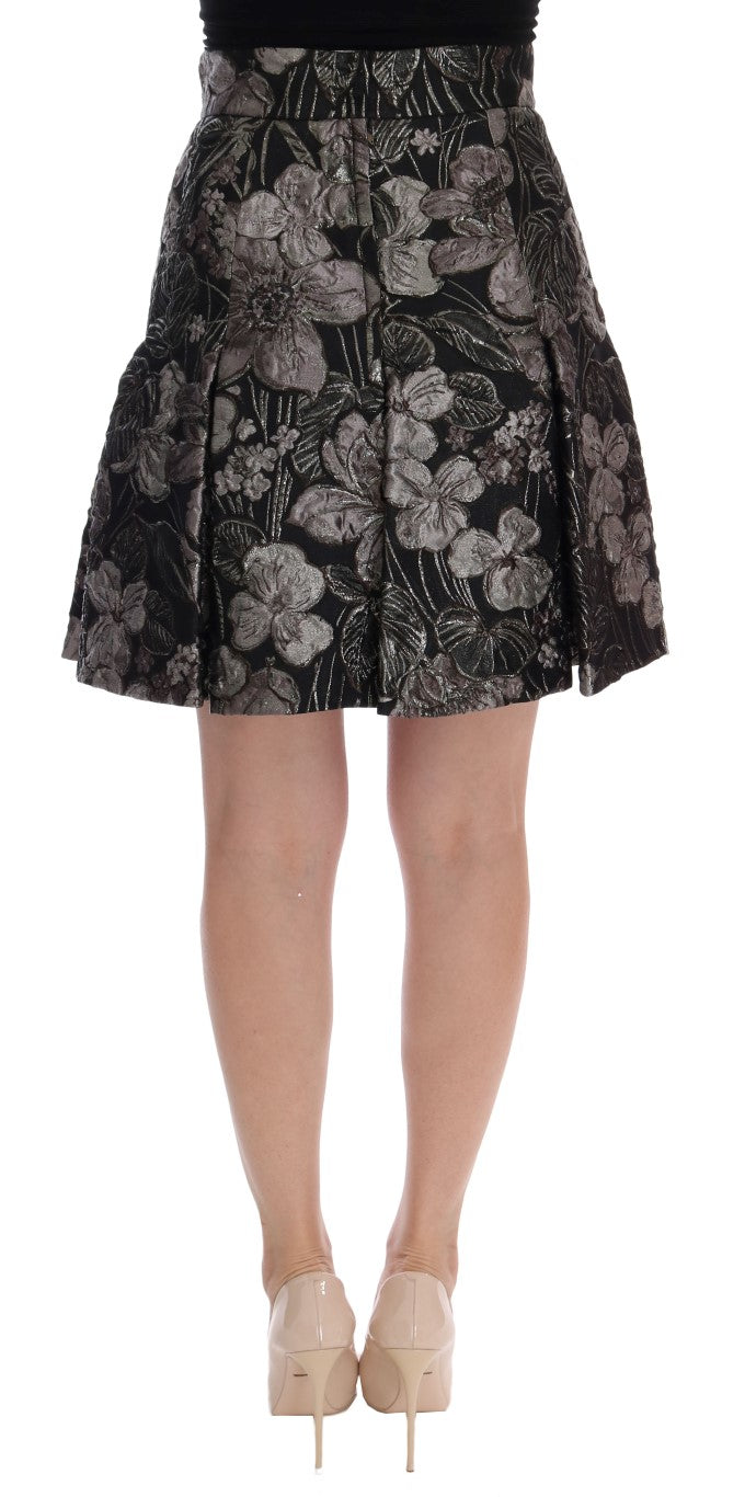 Dolce & Gabbana Elegant Sort Sølv-Blomster Lige Nederdel