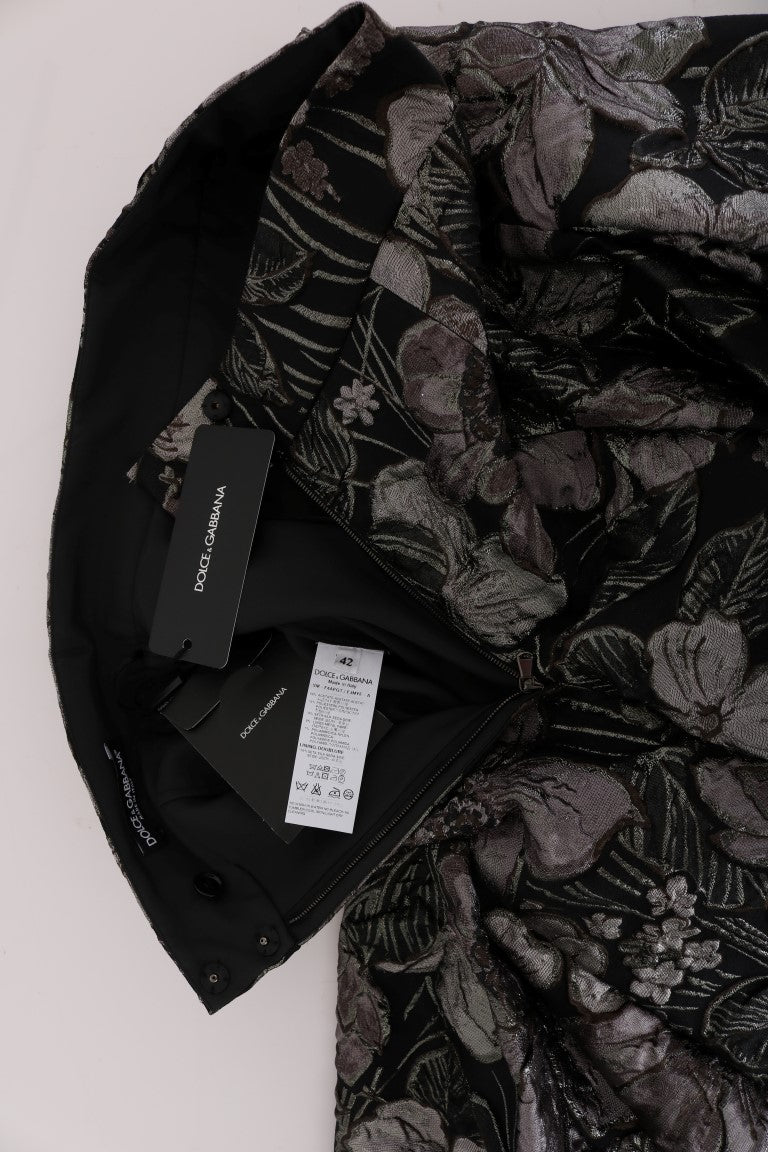 Dolce & Gabbana Elegant Sort Sølv-Blomster Lige Nederdel