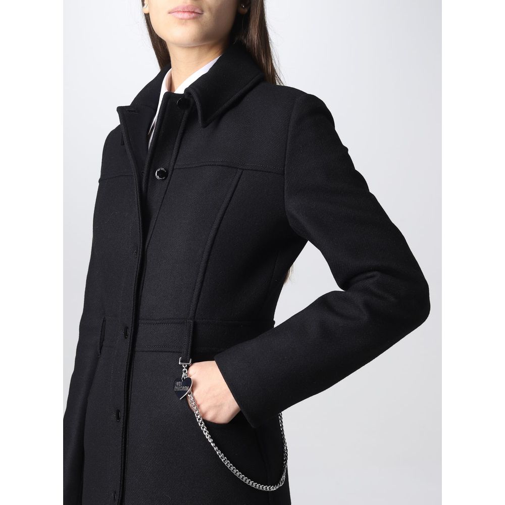 Love Moschino elegant sort uldfrakke med sølvkædedetalje