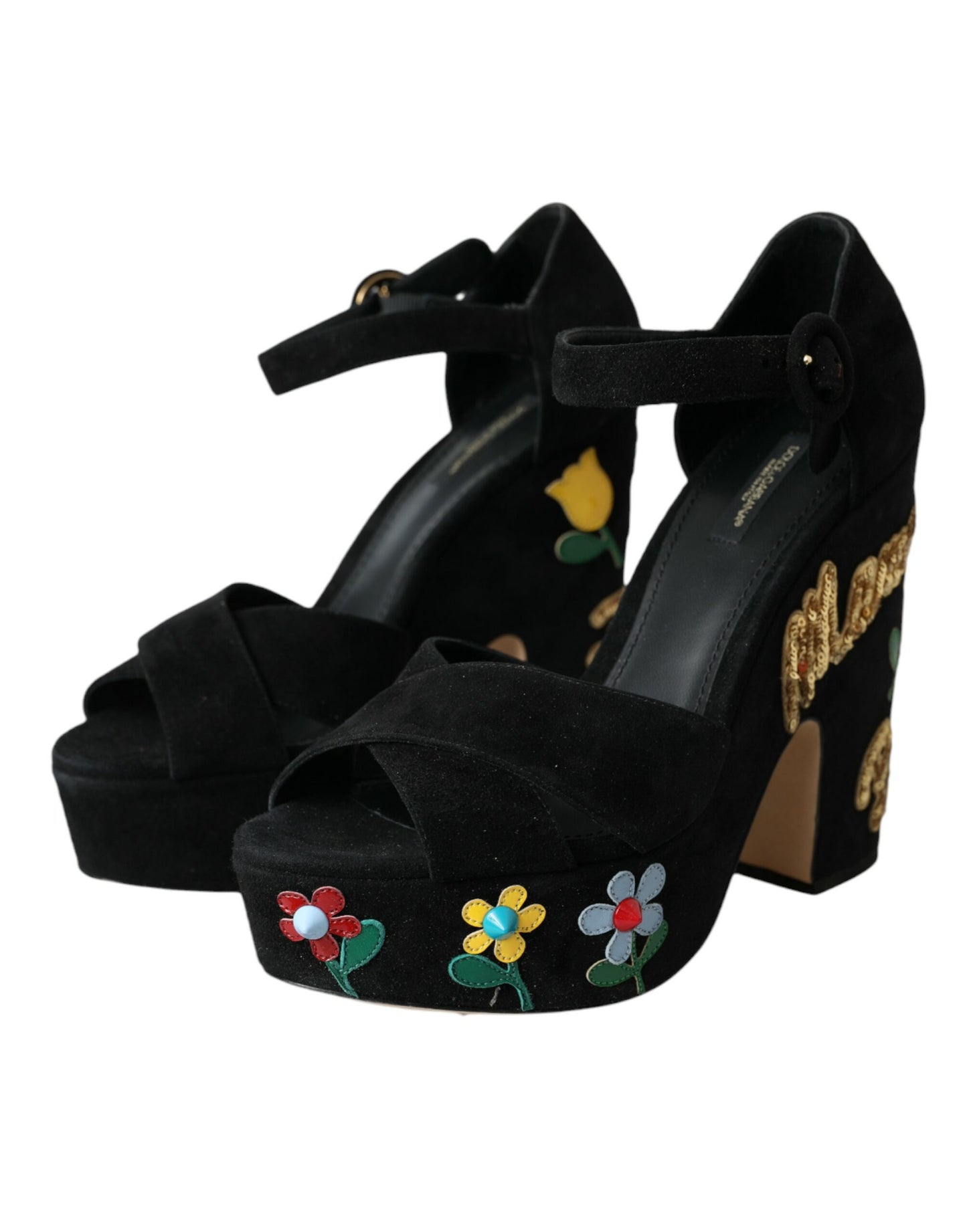 Dolce & Gabbana Sorte Blomster Ankelrem Hæle Sandaler Sko