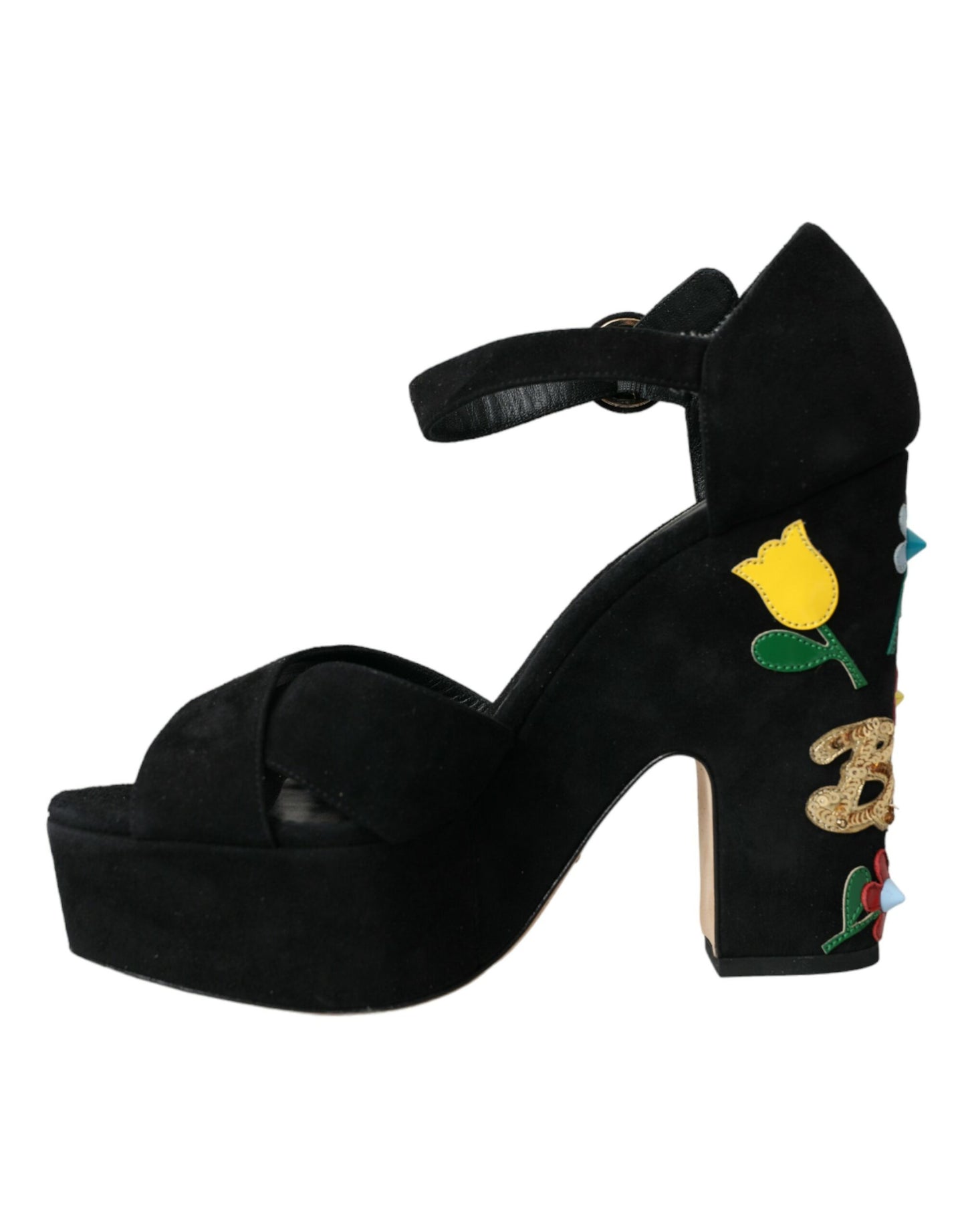 Dolce & Gabbana Sorte Blomster Ankelrem Hæle Sandaler Sko