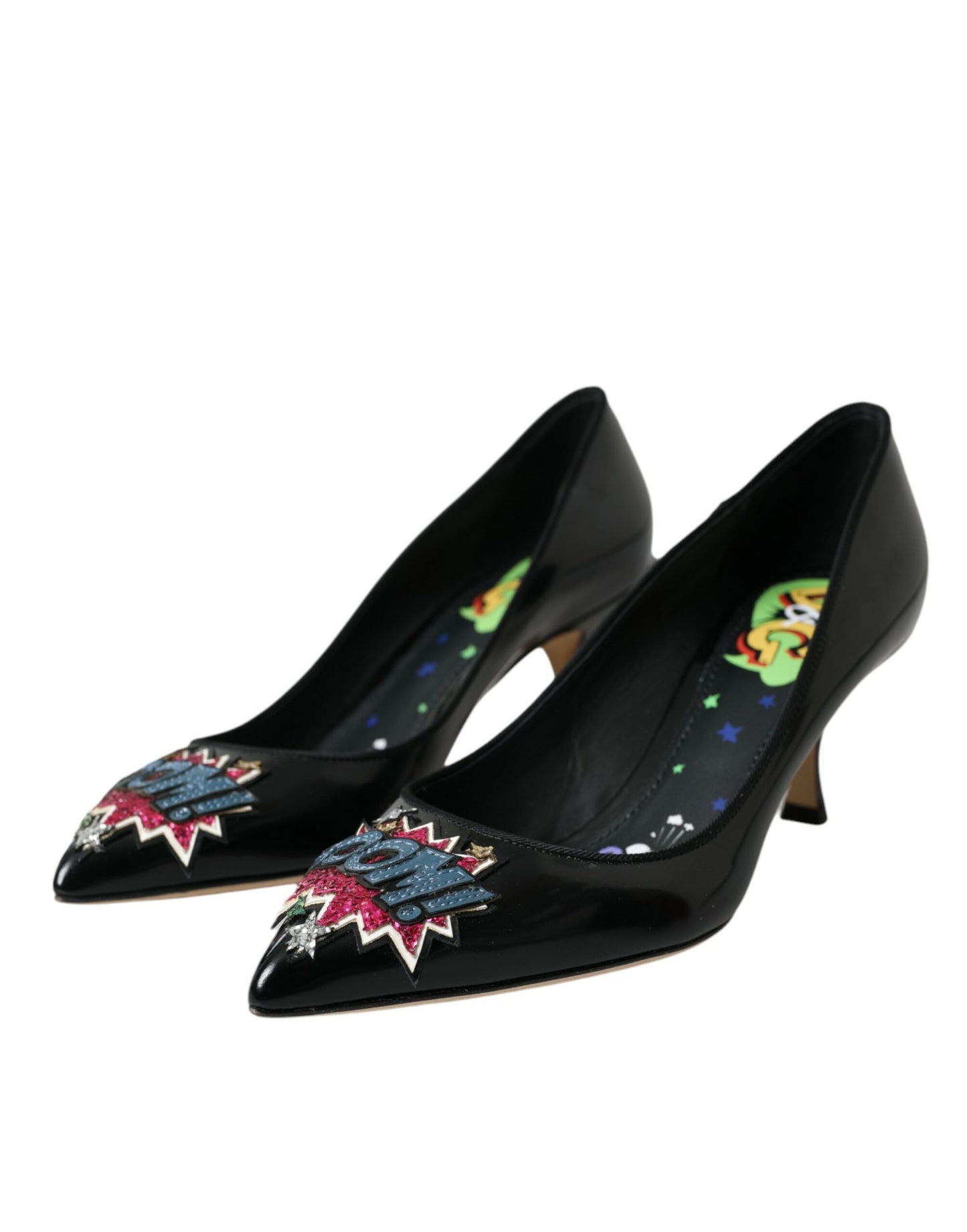 Dolce & Gabbana Sorte Læder BOOM Patch Hæle Pumps Sko