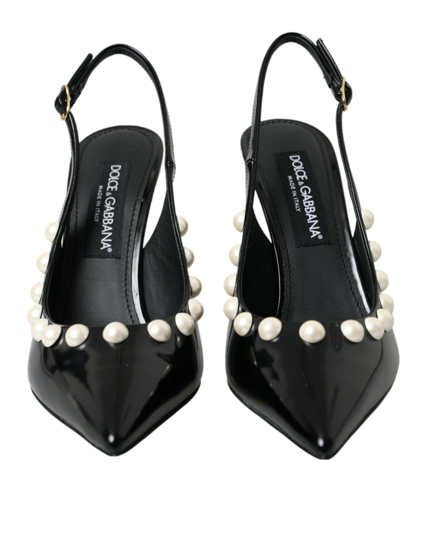 Dolce & Gabbana Sorte Læder Slingback Sko med Hæl og Imiteret Perle