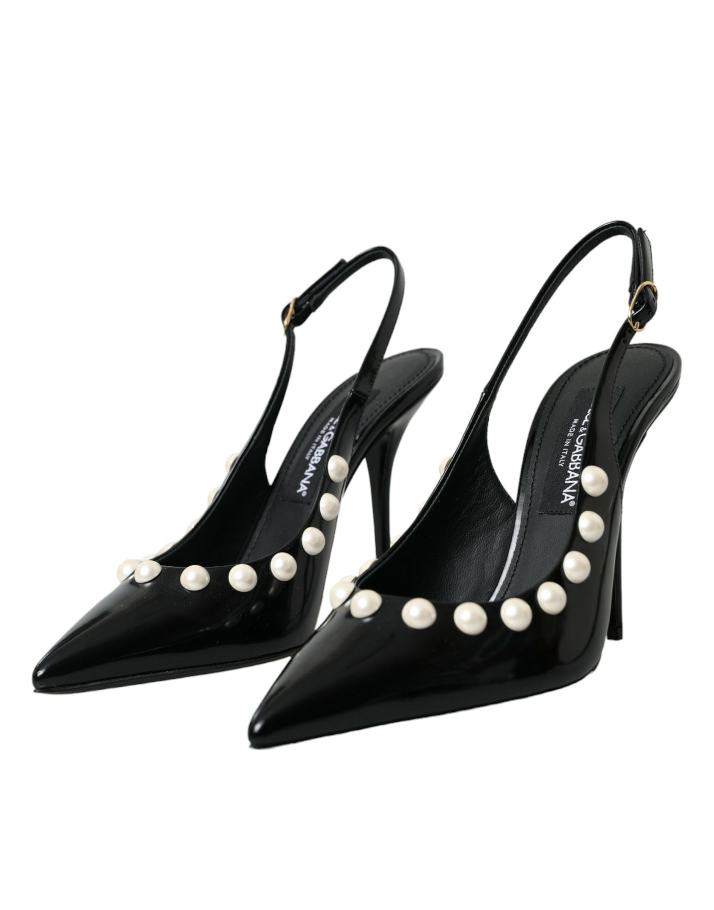 Dolce & Gabbana Sorte Læder Slingback Sko med Hæl og Imiteret Perle