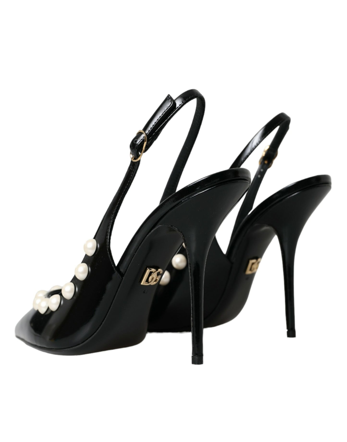 Dolce & Gabbana Sorte Læder Slingback Sko med Hæl og Imiteret Perle