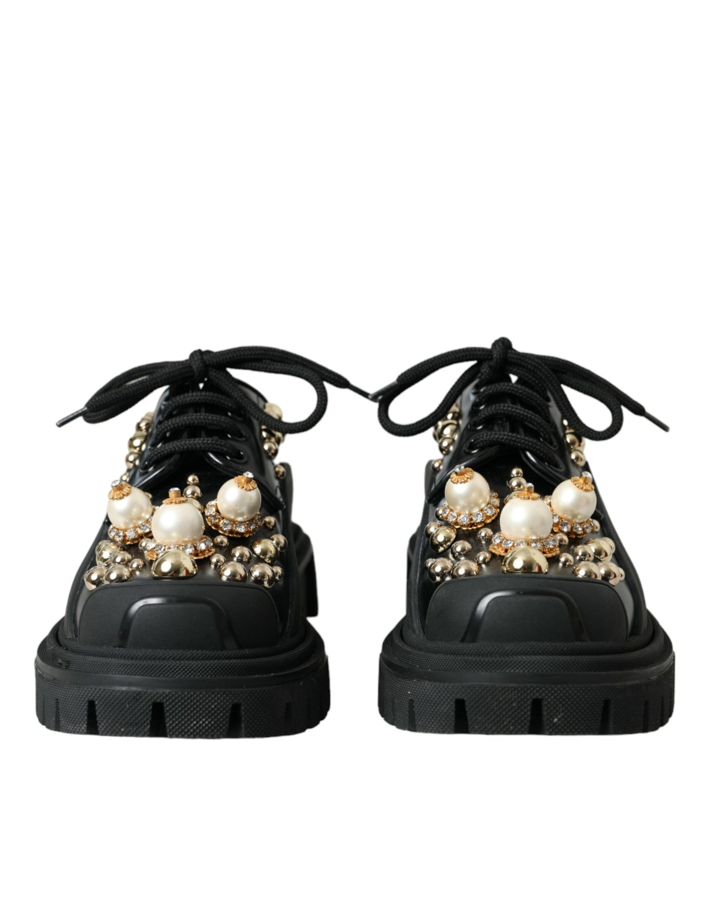 Dolce & Gabbana Sorte Læder Trekking Derby Udsmykkede Sko