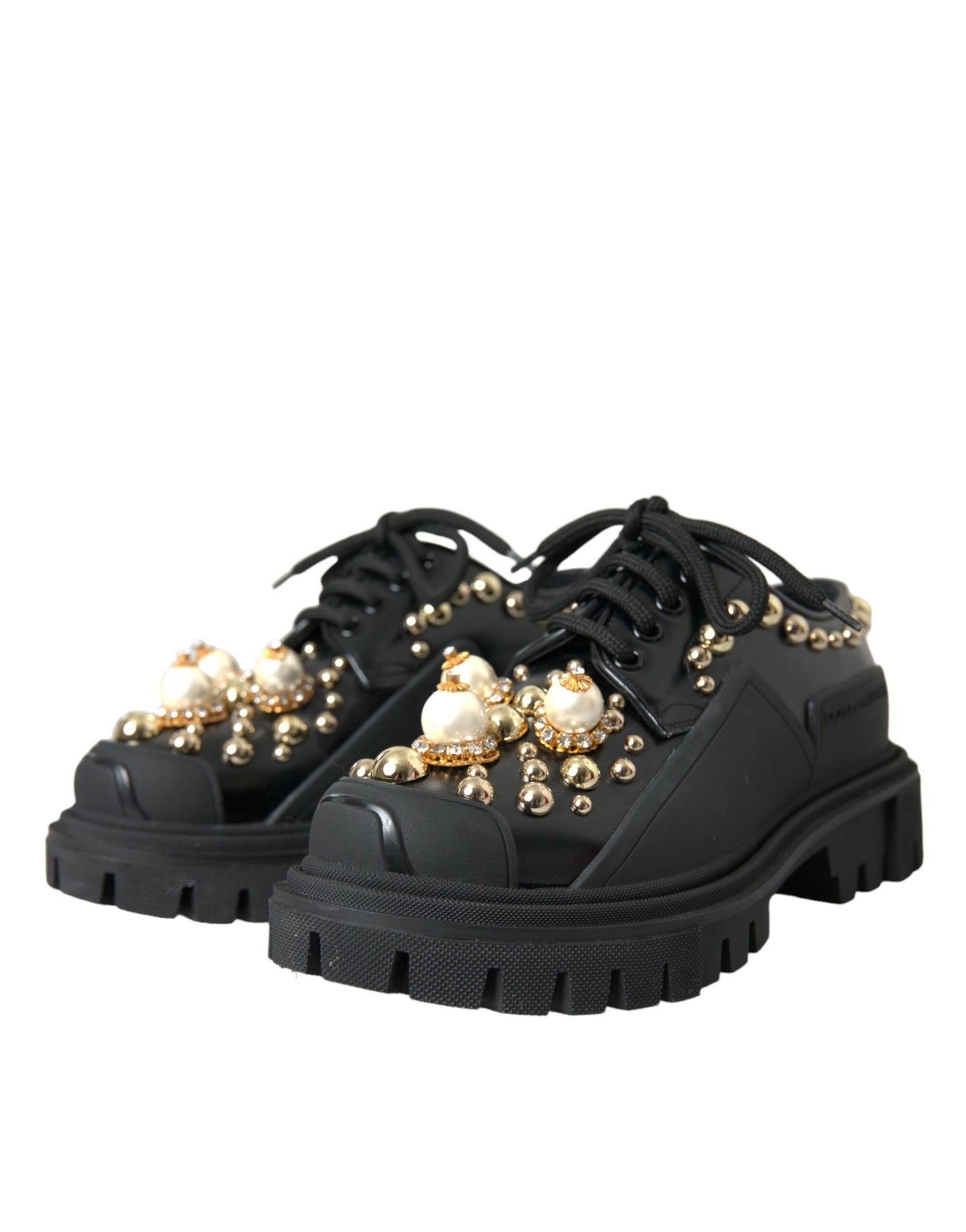 Dolce & Gabbana Sorte Læder Trekking Derby Udsmykkede Sko