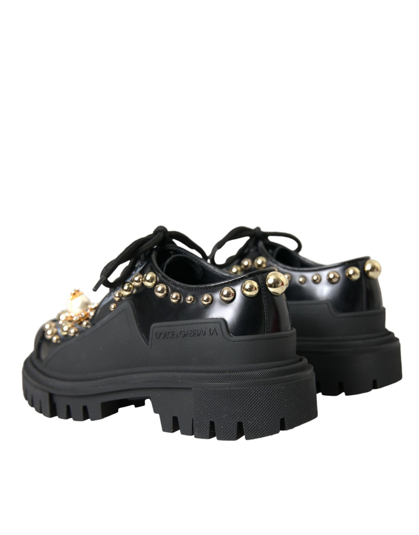 Dolce & Gabbana Sorte Læder Trekking Derby Udsmykkede Sko