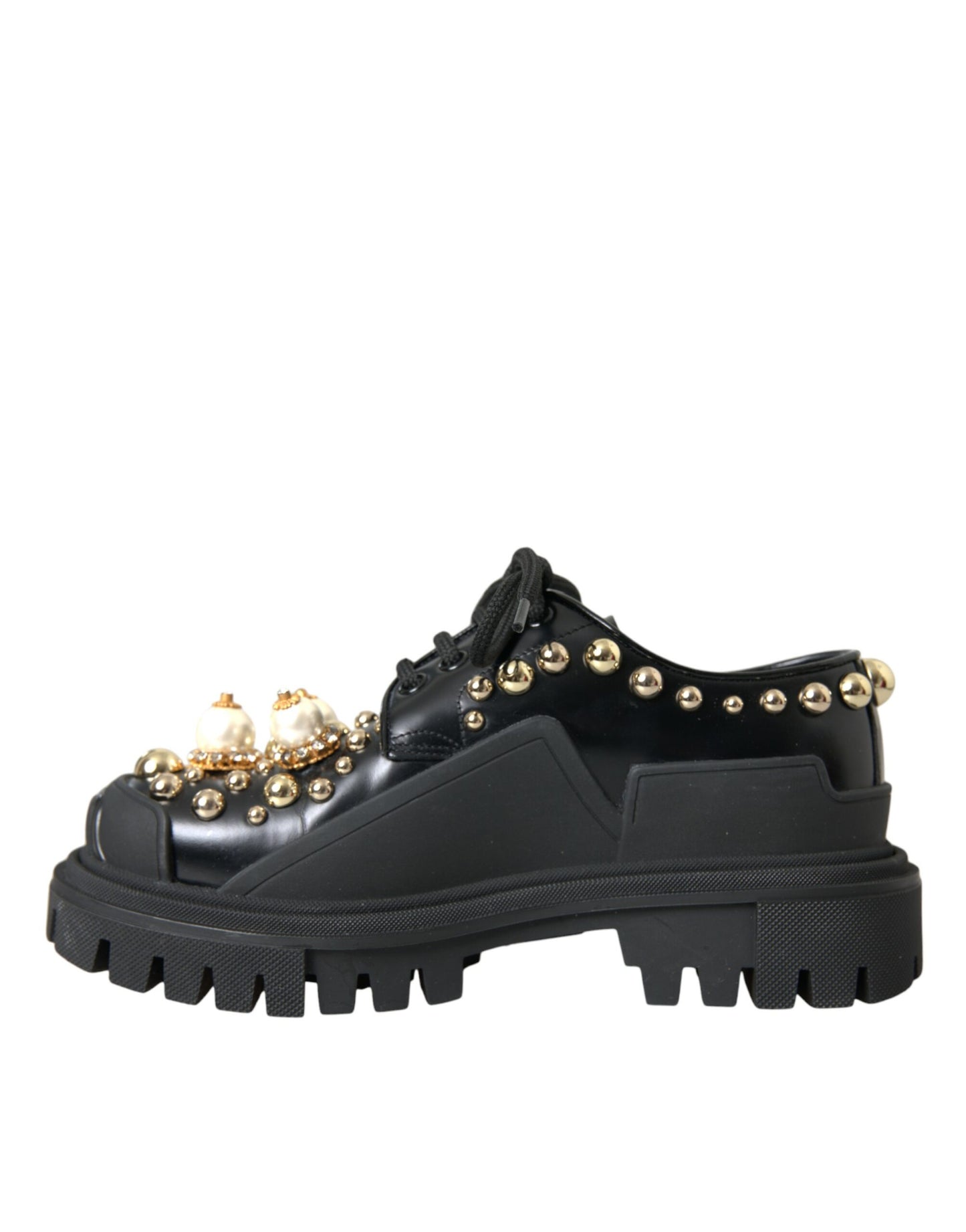 Dolce & Gabbana Sorte Læder Trekking Derby Udsmykkede Sko