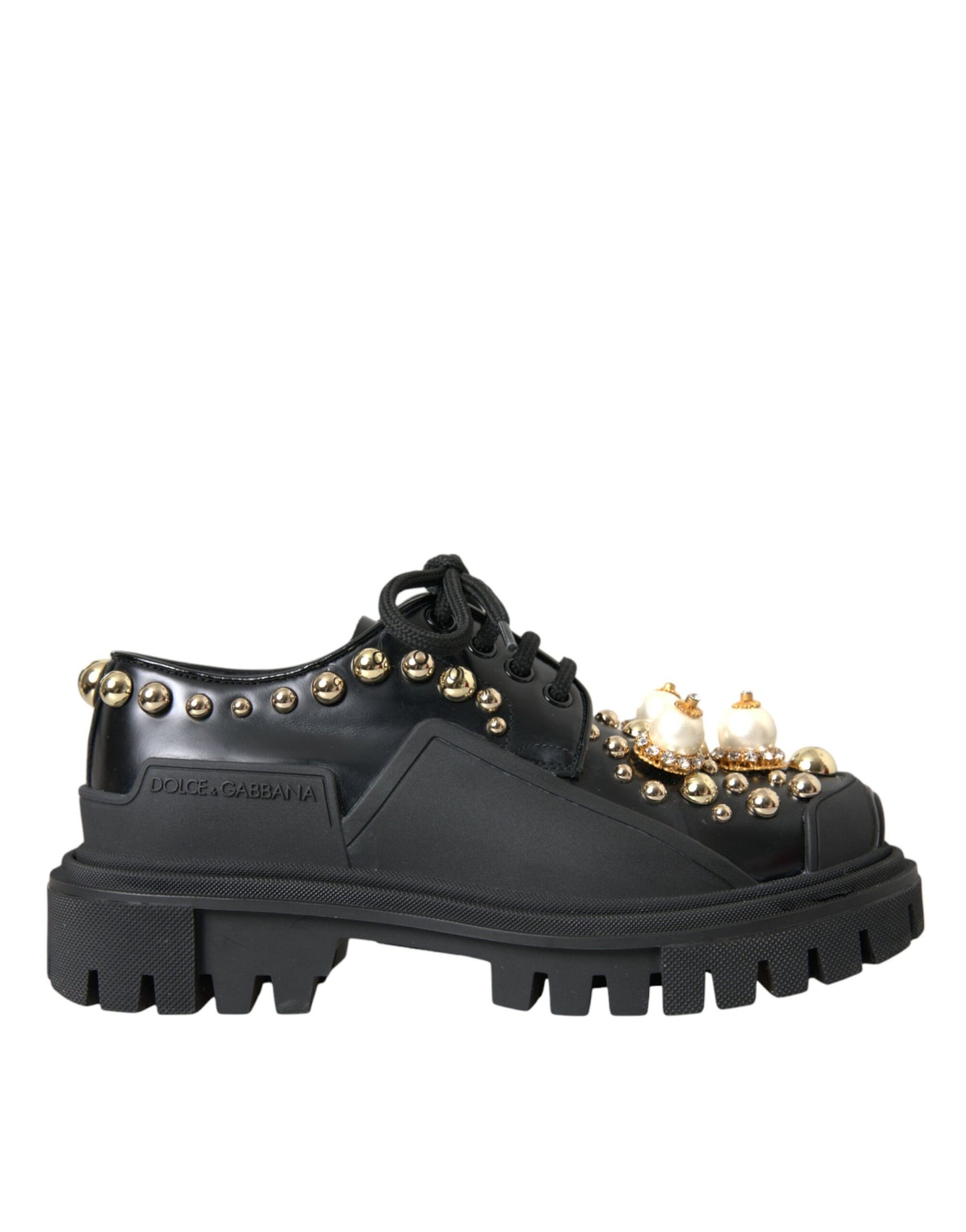 Dolce & Gabbana Sorte Læder Trekking Derby Udsmykkede Sko