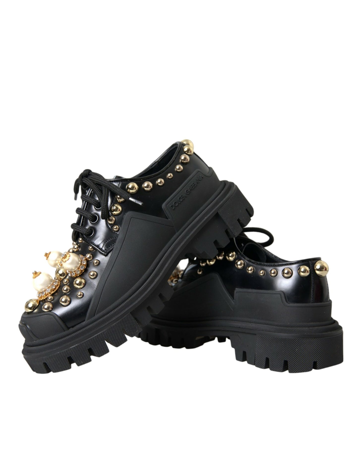 Dolce & Gabbana Sorte Læder Trekking Derby Udsmykkede Sko