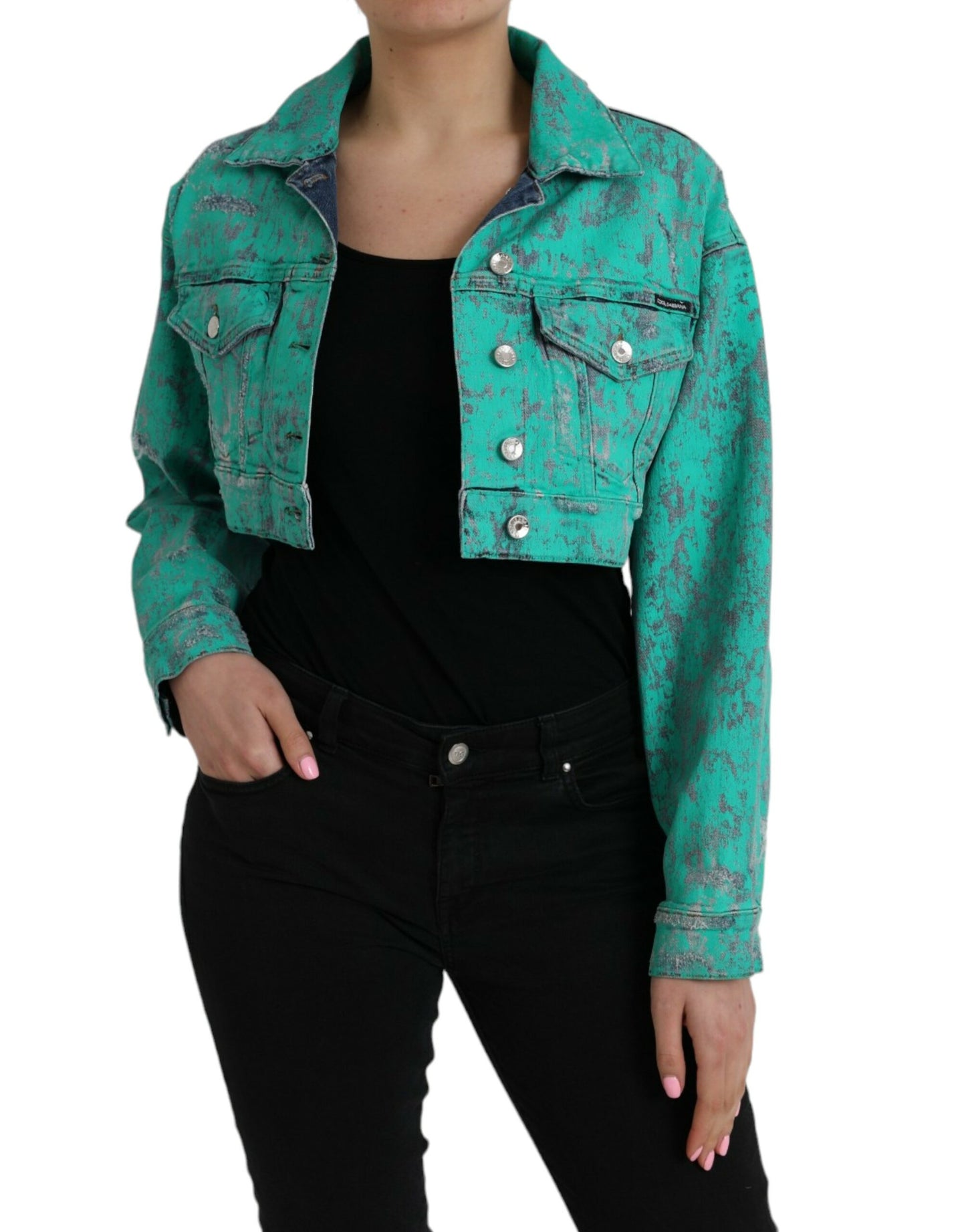 Dolce & Gabbana Grøn Bomulds Tie Dye Cropped Denimjakke
