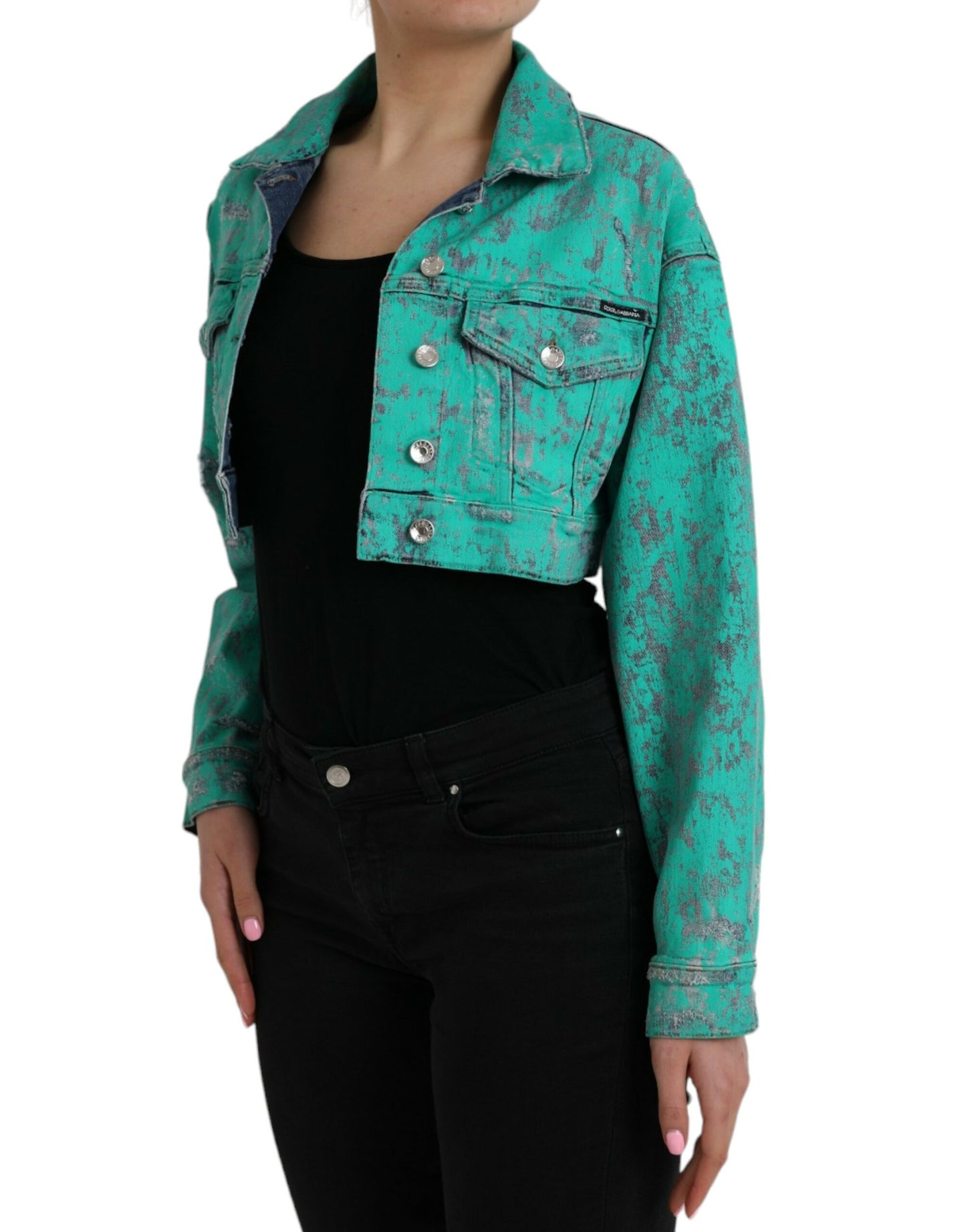 Dolce & Gabbana Grøn Bomulds Tie Dye Cropped Denimjakke