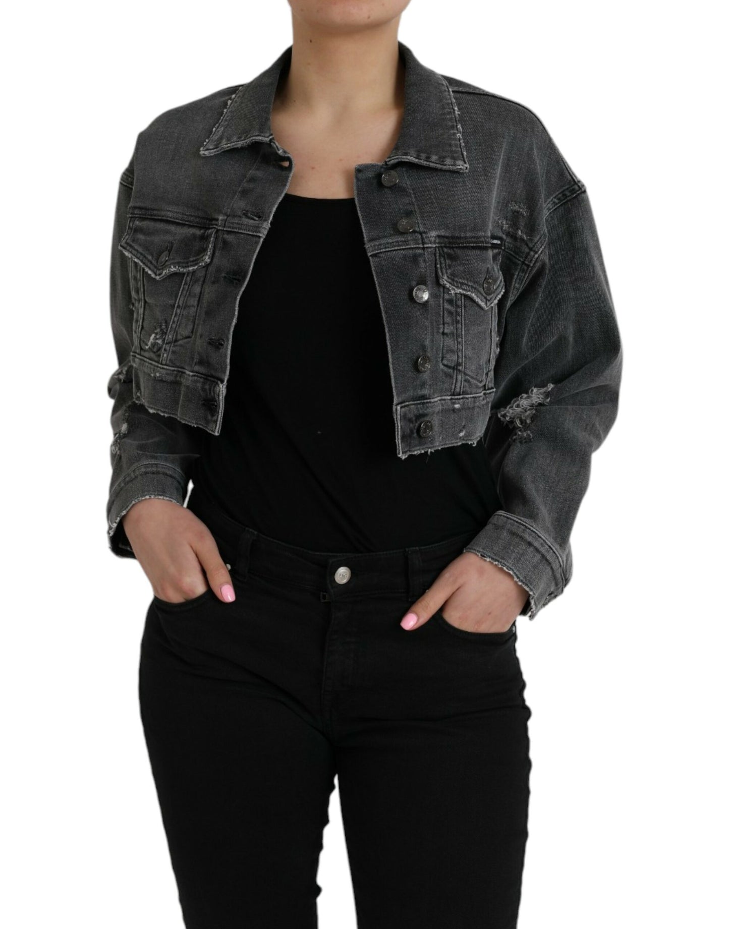 Dolce & Gabbana Mørkegrå Bomulds Stretch Cropped Denimjakke
